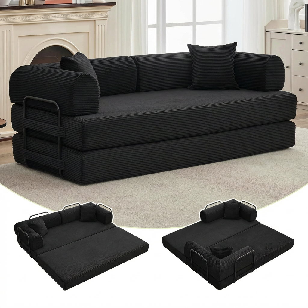 Garvee 4 in 1 Convertible Sleeper Sofa Bed Couch, Comfy Corduroy Folding Sofa Bed with Deep Seat & Wide Armrest, No Assembly, Boneless Floor Couch for Living Room Apartments, Black
