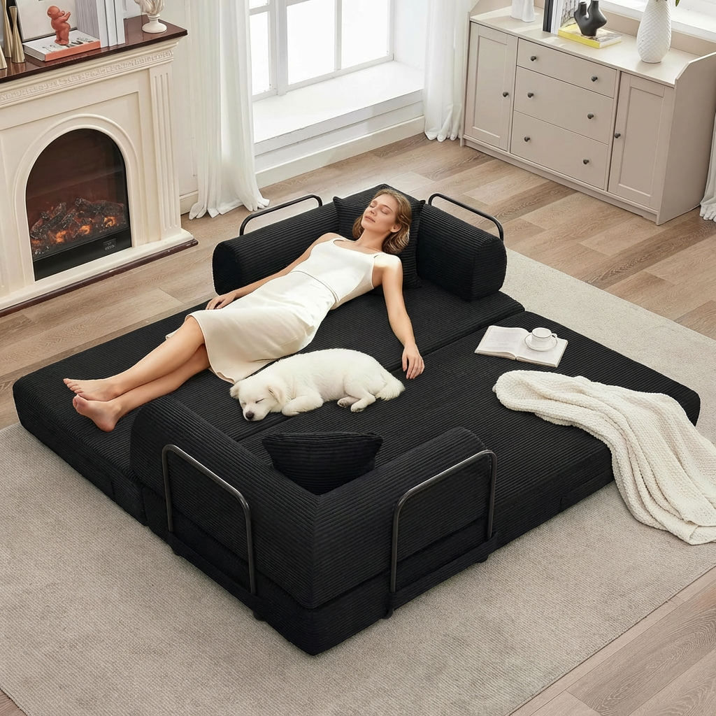 Garvee 4 in 1 Convertible Sleeper Sofa Bed Couch, Comfy Corduroy Folding Sofa Bed with Deep Seat & Wide Armrest, No Assembly, Boneless Floor Couch for Living Room Apartments, Black