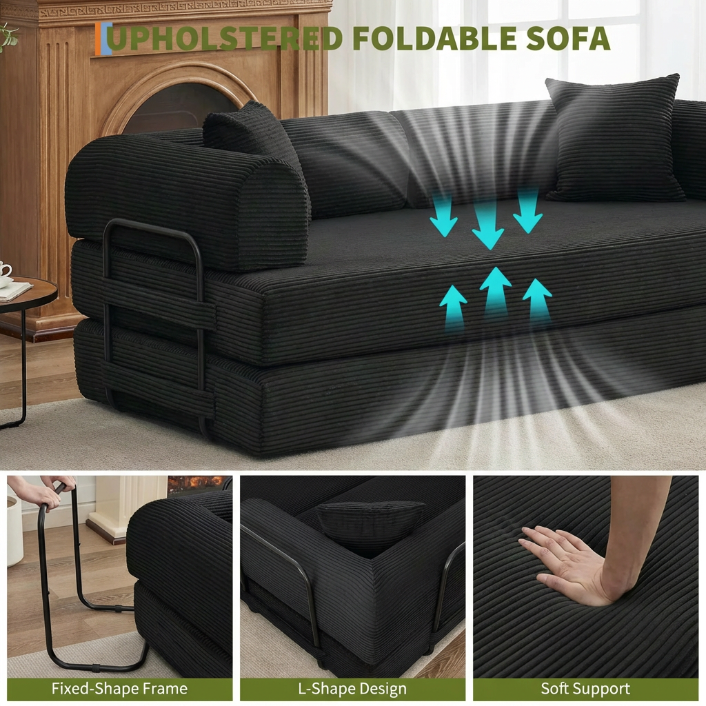 Garvee 4 in 1 Convertible Sleeper Sofa Bed Couch, Comfy Corduroy Folding Sofa Bed with Deep Seat & Wide Armrest, No Assembly, Boneless Floor Couch for Living Room Apartments, Black
