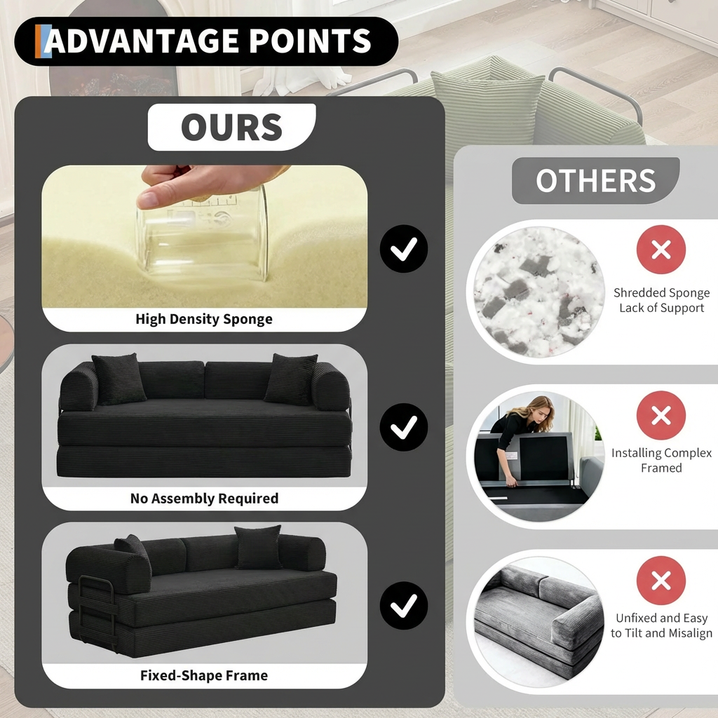 Garvee 4 in 1 Convertible Sleeper Sofa Bed Couch, Comfy Corduroy Folding Sofa Bed with Deep Seat & Wide Armrest, No Assembly, Boneless Floor Couch for Living Room Apartments, Black