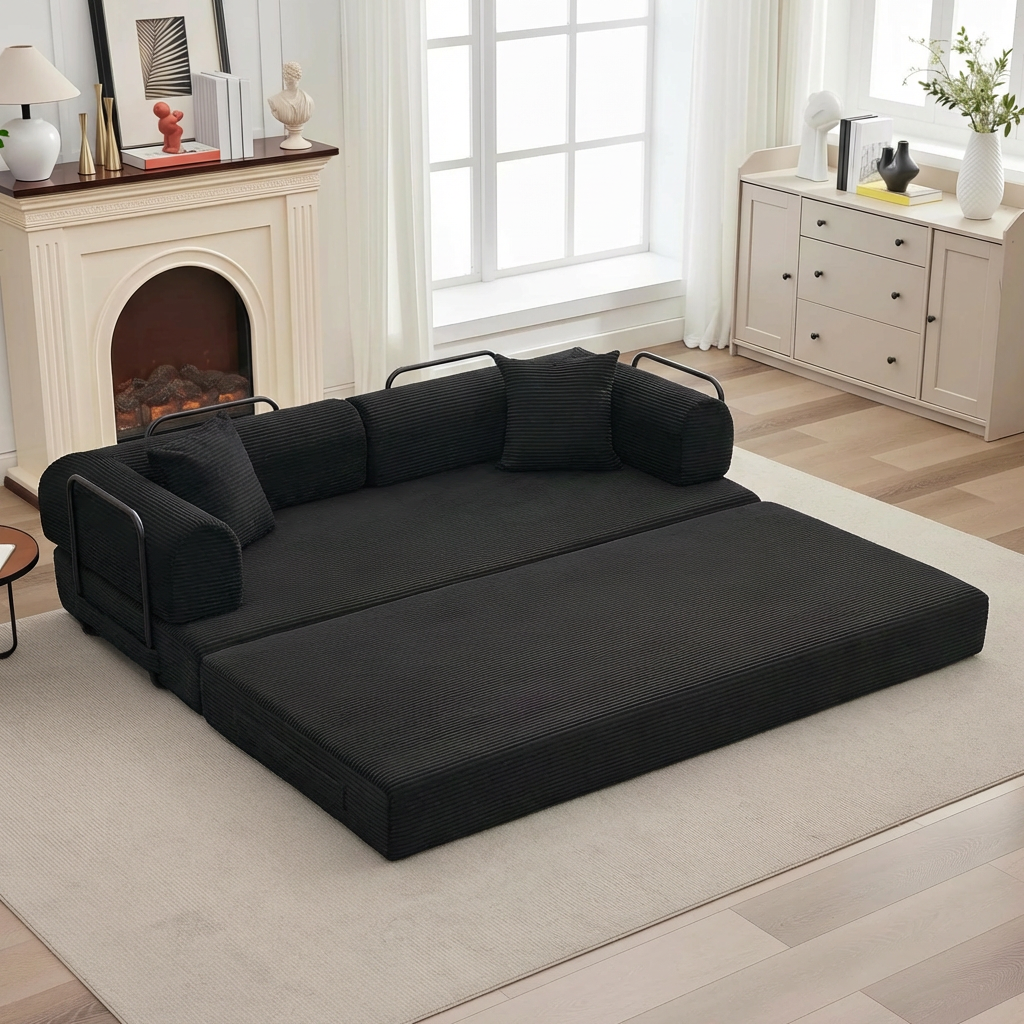 Garvee 4 in 1 Convertible Sleeper Sofa Bed Couch, Comfy Corduroy Folding Sofa Bed with Deep Seat & Wide Armrest, No Assembly, Boneless Floor Couch for Living Room Apartments, Black