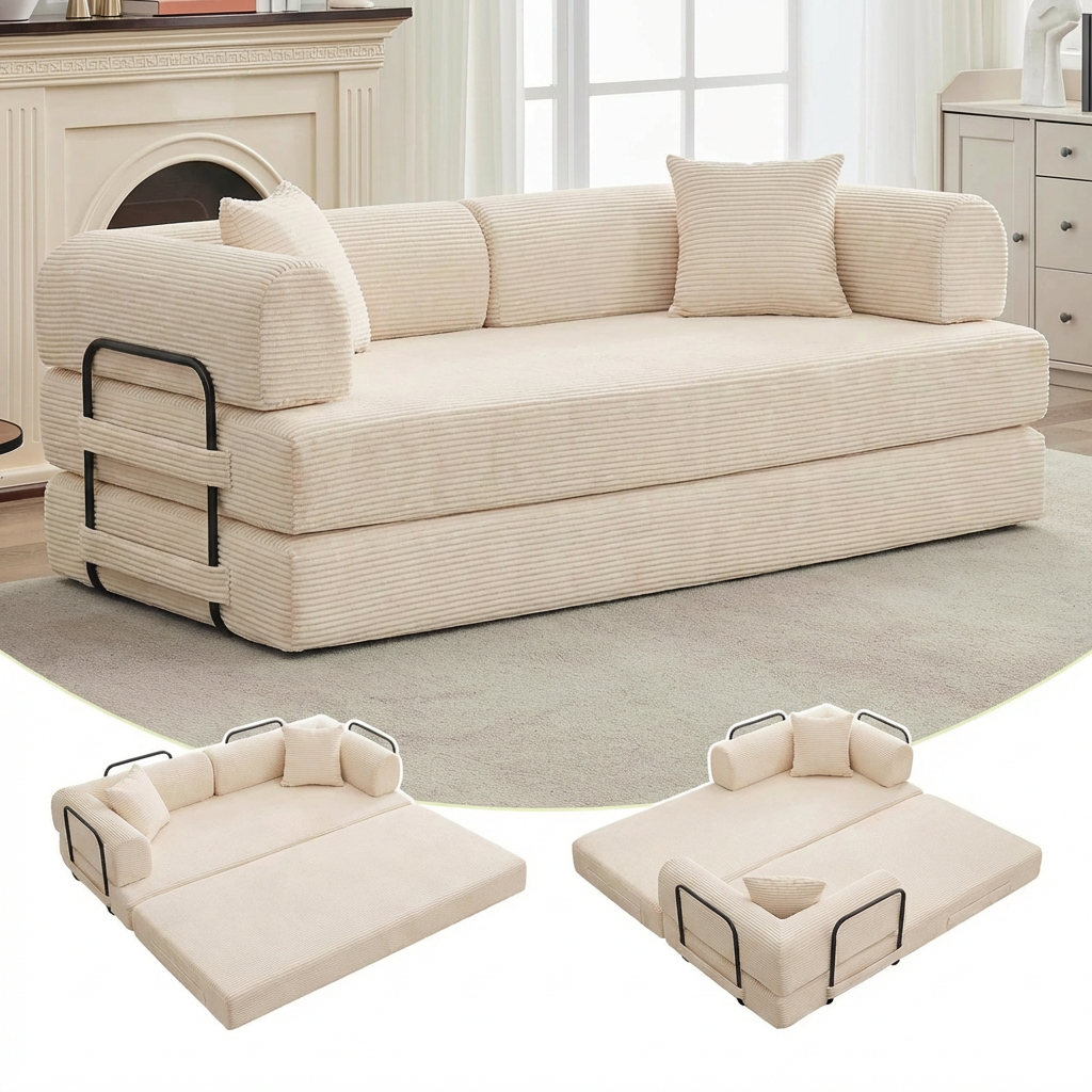 Garvee 4-in-1 Convertible Sleeper Sofa Bed, 79" Corduroy Folding Couch with Deep Seat, Boneless No Assembly Floor Sofa for Apartments, Living Room & Guests, Beige