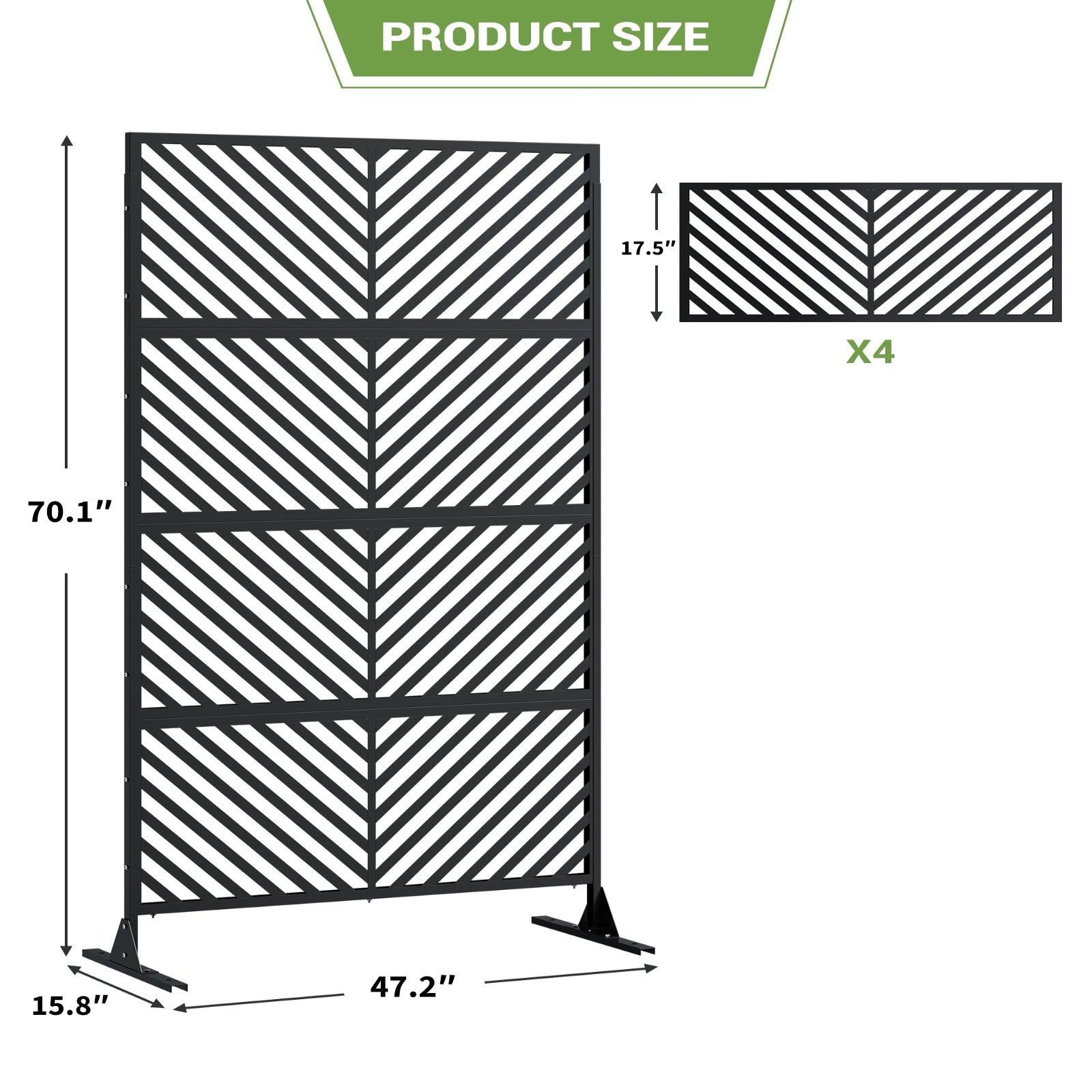 Garvee 70.1" H×47.2" W Metal Privacy Screen, Freestanding Outdoor Privacy Screen with Stable Base for Deck, Porch, Patio, Outdoor and Balcony(Consists of 4 Panels), Black