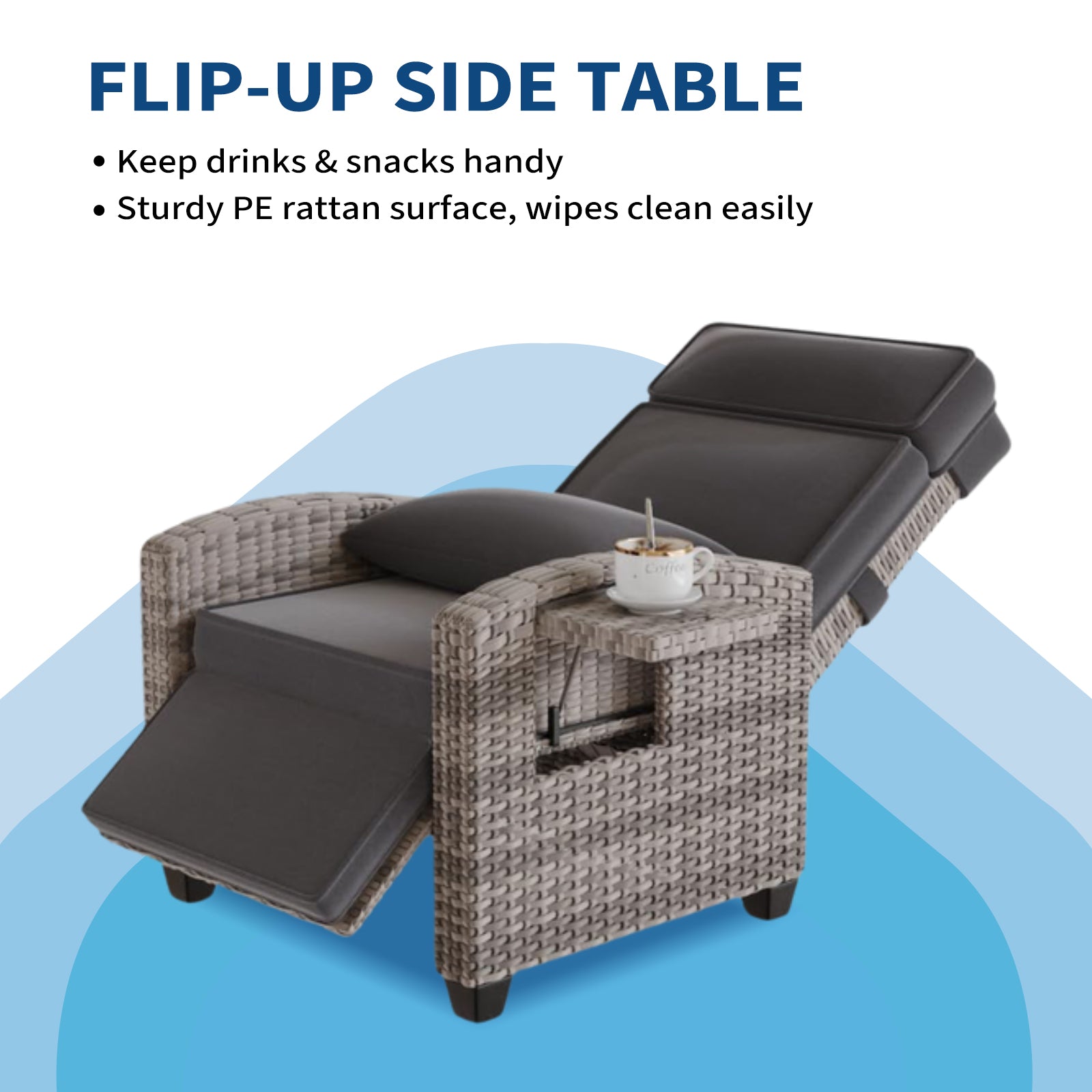 Garvee Outdoor Adjustable PE Rattan Recliner Chair with Flip-Up Side Table 150° Lay Flat All-Weather Steel Frame Gray Cushion Patio Lounge Chair for Garden Poolside Balcony in Gray and White Gradient