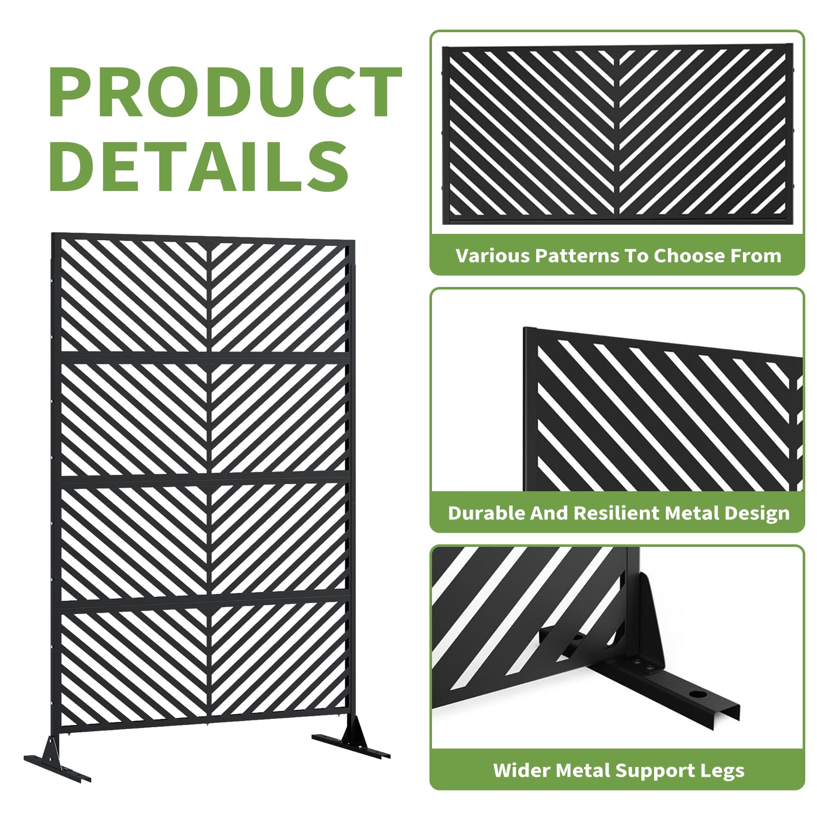 Garvee 70.1" H×35.4" W Metal Privacy Screen, Freestanding Outdoor Privacy Screen with Stable Base for Deck, Porch, Patio, Outdoor and Balcony (Consists of 4 Panels), Black