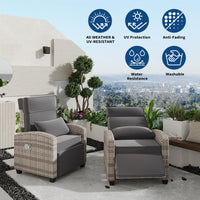 Garvee Outdoor Adjustable PE Rattan Recliner Chair with Flip-Up Side Table 150° Lay Flat All-Weather Steel Frame Gray Cushion Patio Lounge Chair for Garden Poolside Balcony in Gray and White Gradient