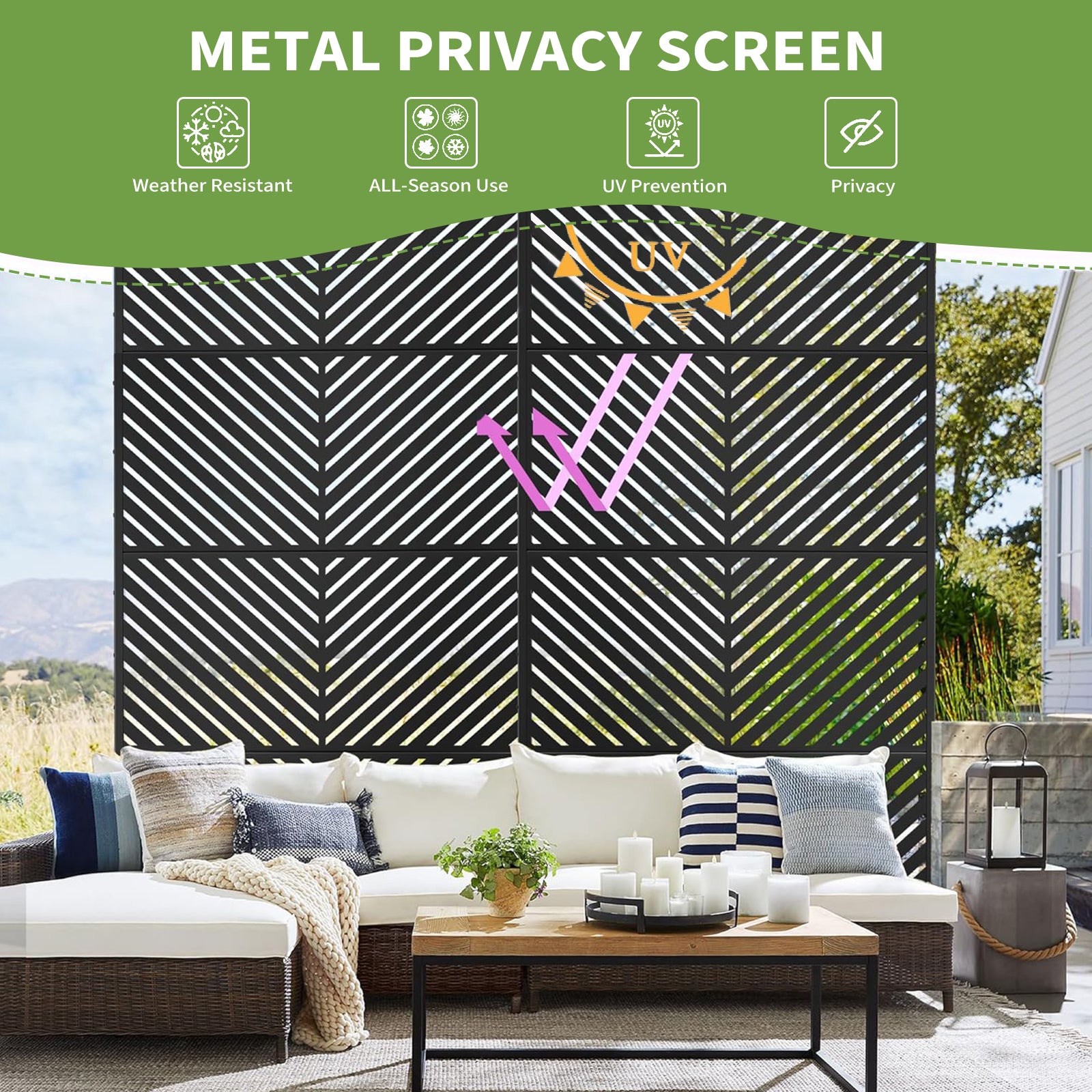 Garvee 70.1" H×35.4" W Metal Privacy Screen, Freestanding Outdoor Privacy Screen with Stable Base for Deck, Porch, Patio, Outdoor and Balcony (Consists of 4 Panels), Black