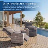 Garvee Outdoor Adjustable PE Rattan Recliner Chair with Flip-Up Side Table 150° Lay Flat All-Weather Steel Frame Gray Cushion Patio Lounge Chair for Garden Poolside Balcony in Gray and White Gradient