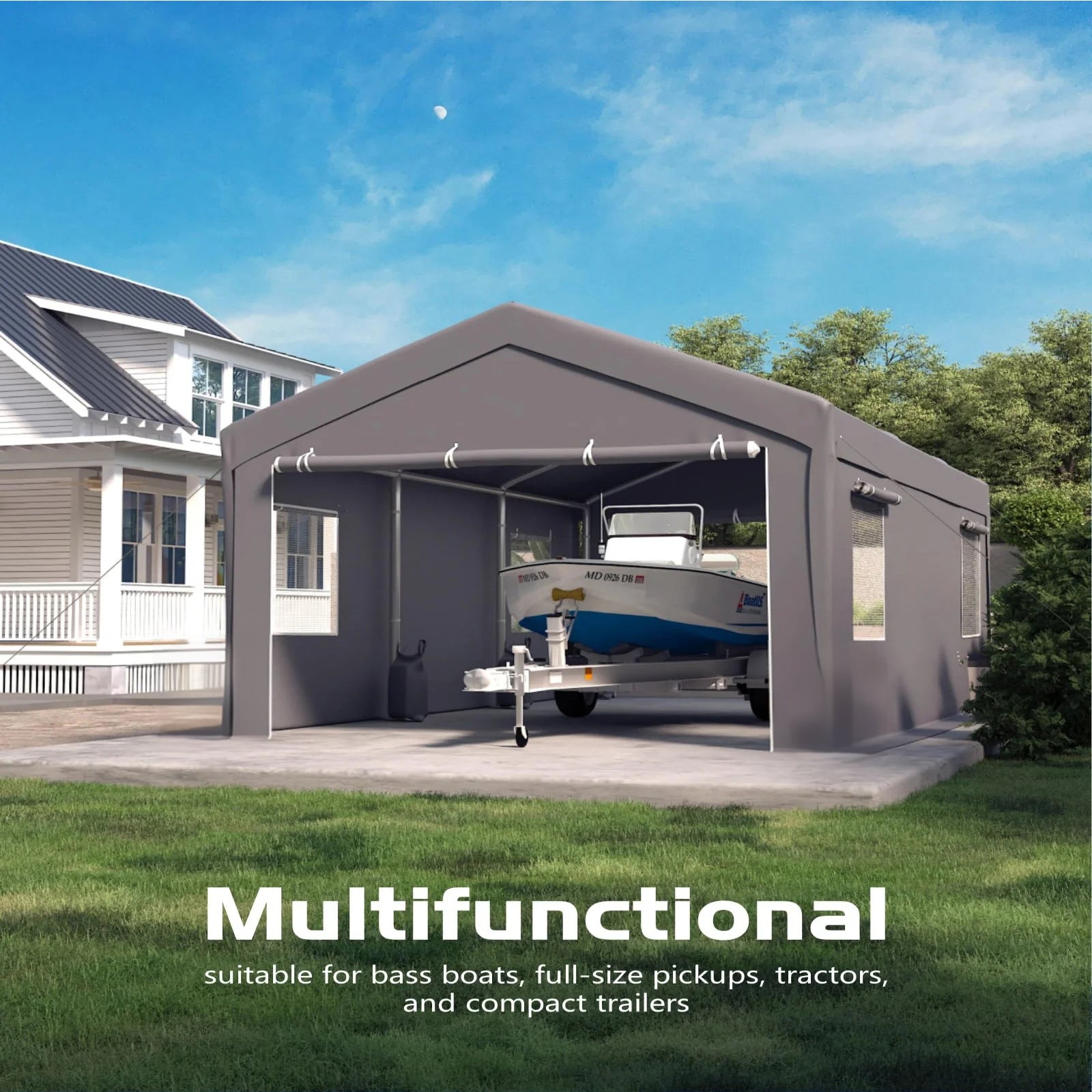 Garvee 12'x20' Heavy-Duty Portable Carport - Extra-Large Outdoor Shelter with Roll-Up Ventilated Windows, All-Season Waterproof UV-Resistant Canopy, Gray