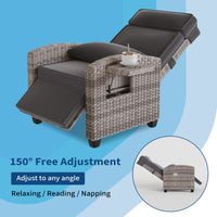 Garvee Outdoor Adjustable PE Rattan Recliner Chair with Flip-Up Side Table 150° Lay Flat All-Weather Steel Frame Gray Cushion Patio Lounge Chair for Garden Poolside Balcony in Gray and White Gradient