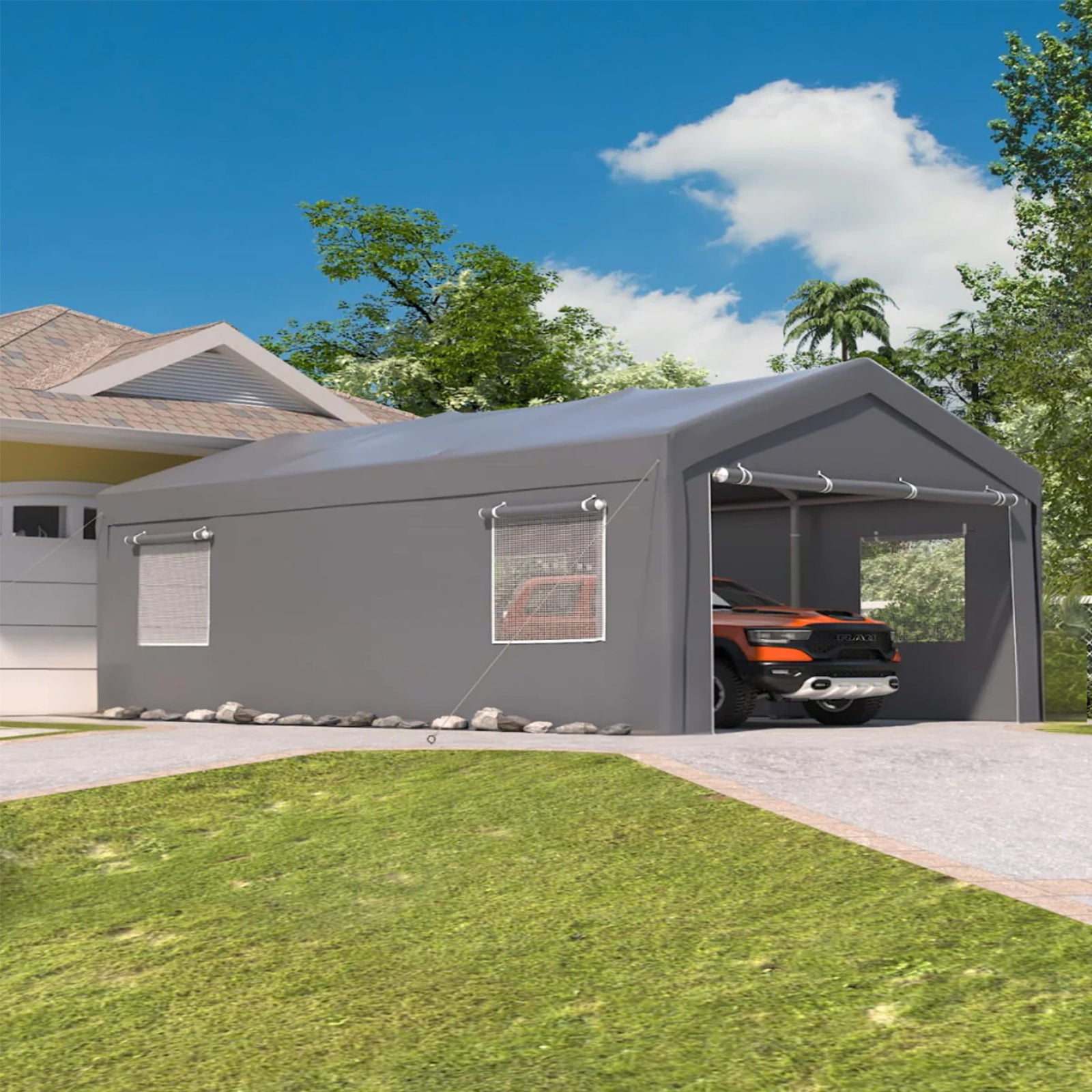 Garvee 12'x20' Heavy-Duty Portable Carport - Extra-Large Outdoor Shelter with Roll-Up Ventilated Windows, All-Season Waterproof UV-Resistant Canopy, Gray