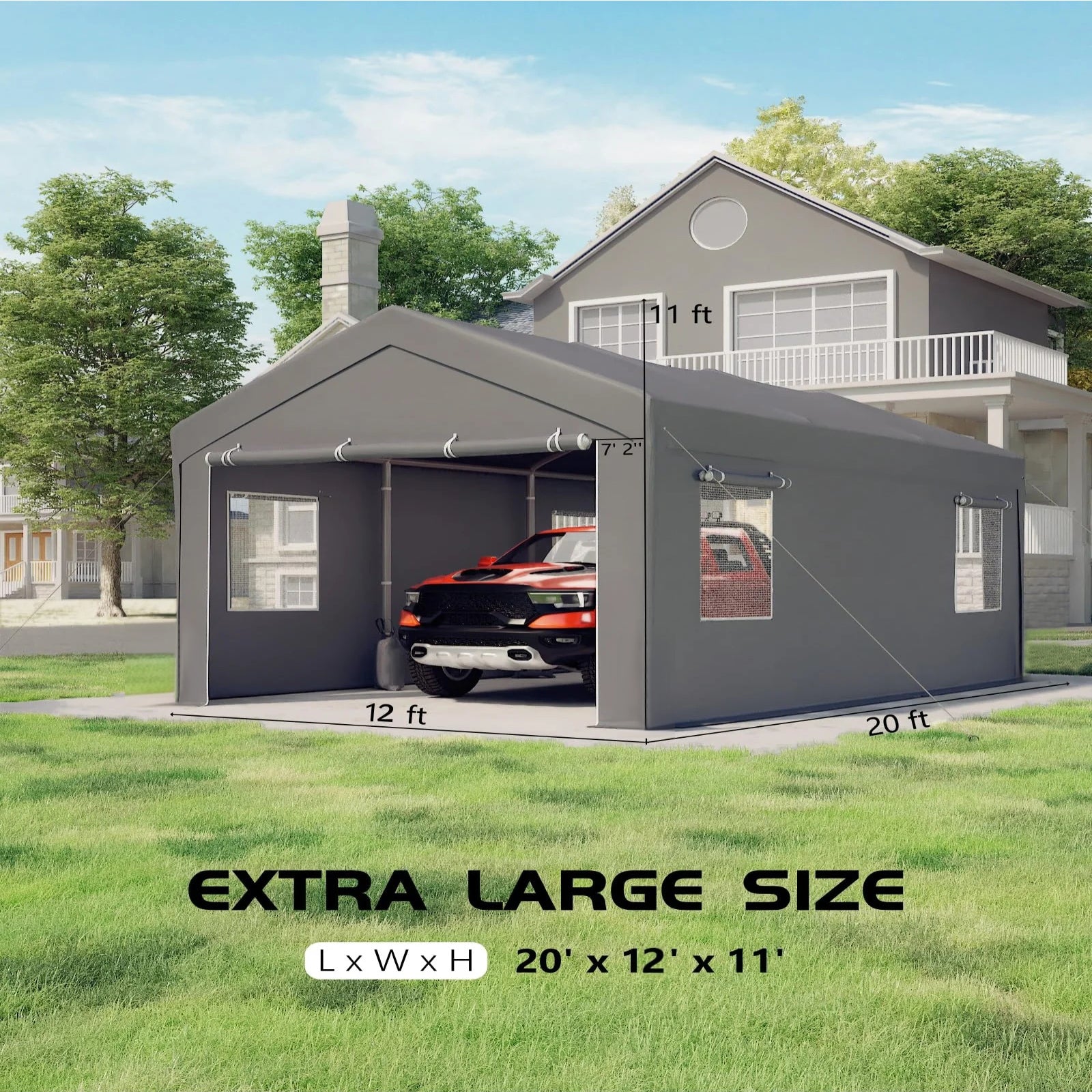 Garvee 12'x20' Heavy-Duty Portable Carport - Extra-Large Outdoor Shelter with Roll-Up Ventilated Windows, All-Season Waterproof UV-Resistant Canopy, Gray
