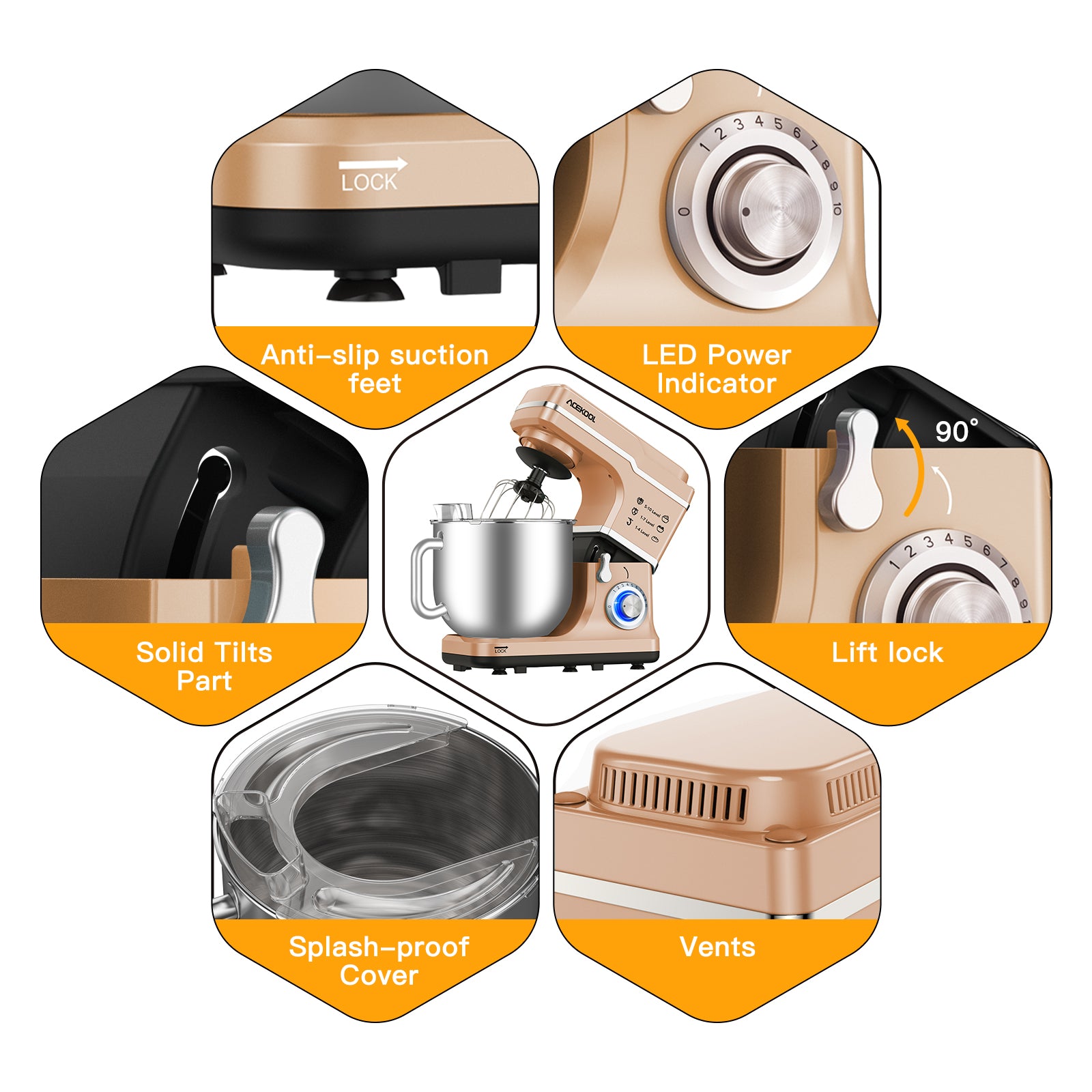 Garvee Stand Mixer, 7.5QT Capacity 10 speed Settings Electric Kitchen Mixer For Baking 660 W Food Mixer With Dough Hook, Beater And Splash Guard Champagne Gold