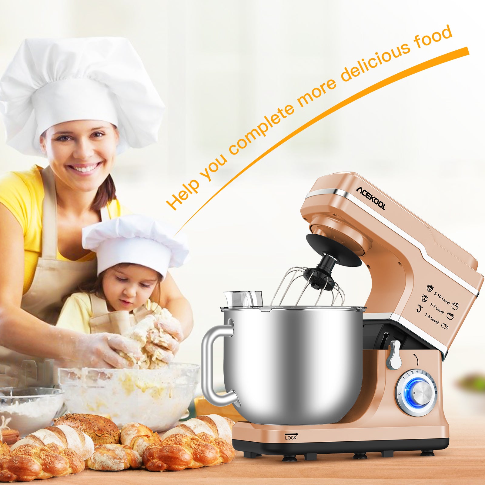 Garvee Stand Mixer, 7.5QT Capacity 10 speed Settings Electric Kitchen Mixer For Baking 660 W Food Mixer With Dough Hook, Beater And Splash Guard Champagne Gold