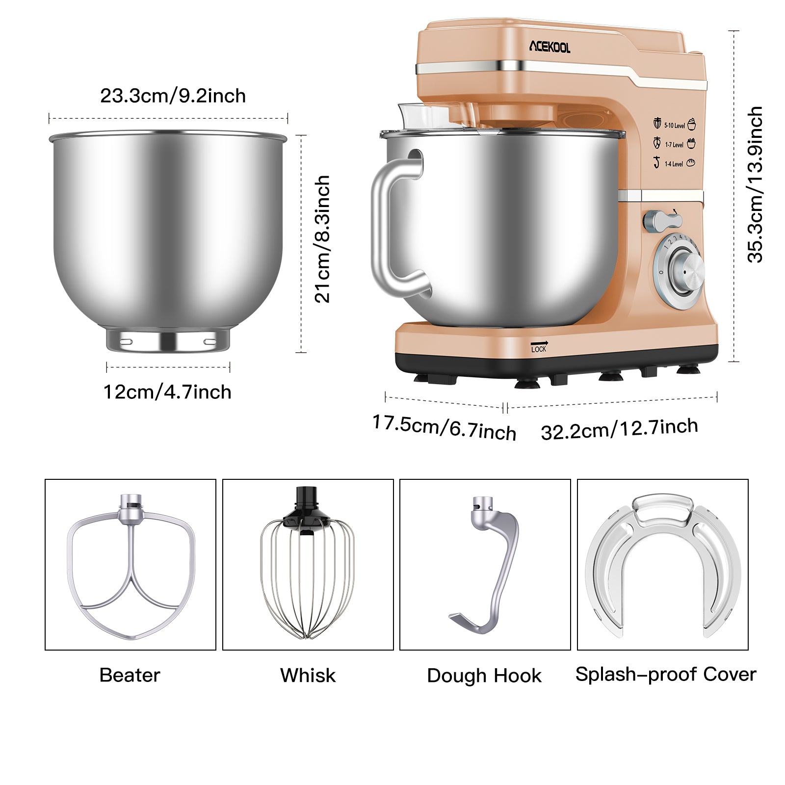 Garvee Stand Mixer, 7.5QT Capacity 10 speed Settings Electric Kitchen Mixer For Baking 660 W Food Mixer With Dough Hook, Beater And Splash Guard Champagne Gold
