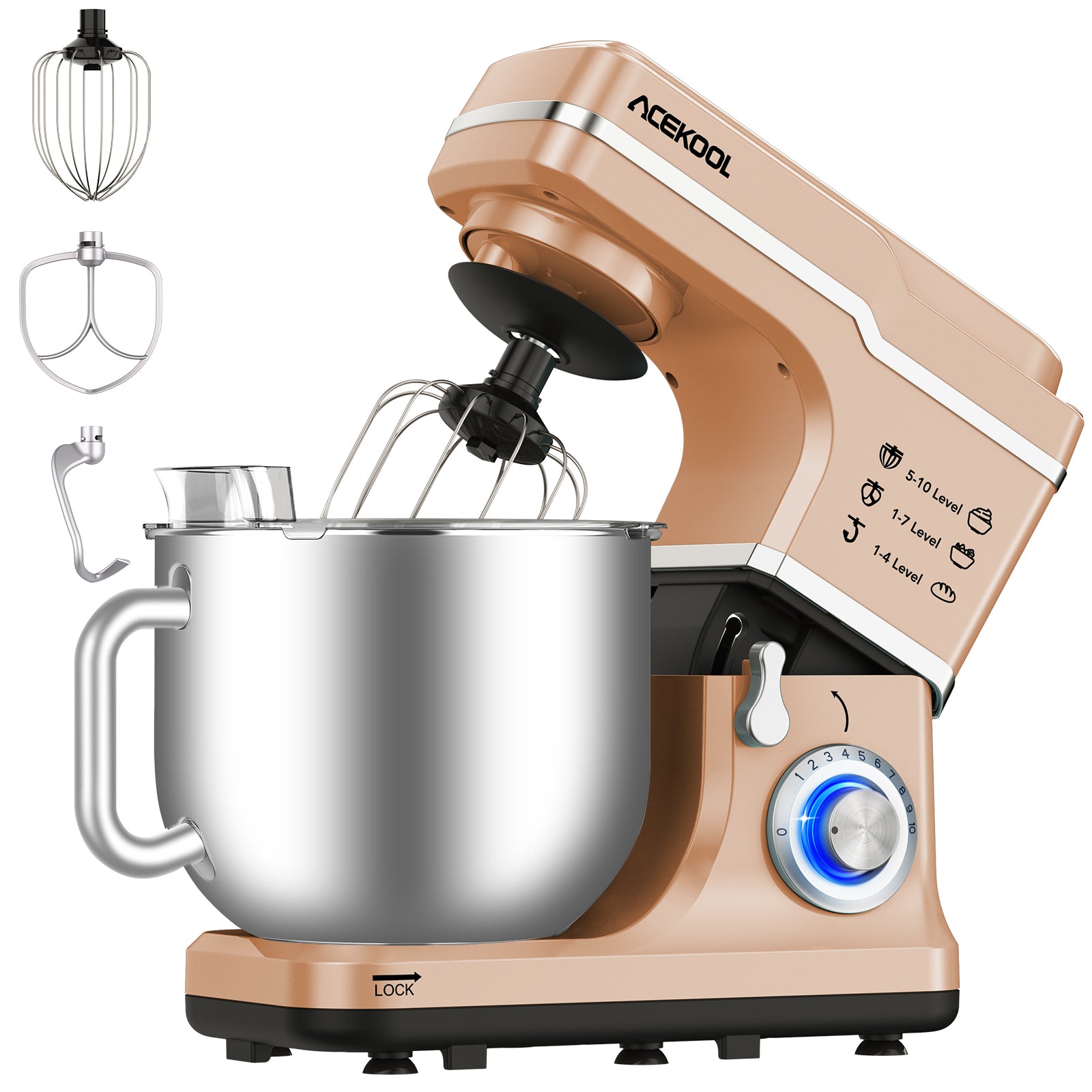 Garvee Stand Mixer, 7.5QT Capacity 10 speed Settings Electric Kitchen Mixer For Baking 660 W Food Mixer With Dough Hook, Beater And Splash Guard Champagne Gold