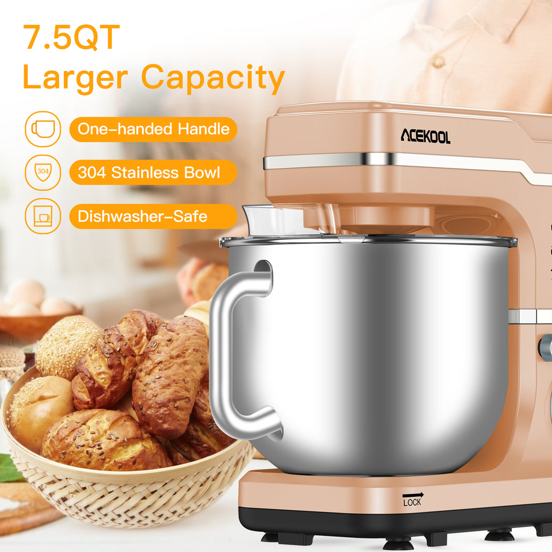 Garvee Stand Mixer, 7.5QT Capacity 10 speed Settings Electric Kitchen Mixer For Baking 660 W Food Mixer With Dough Hook, Beater And Splash Guard Champagne Gold