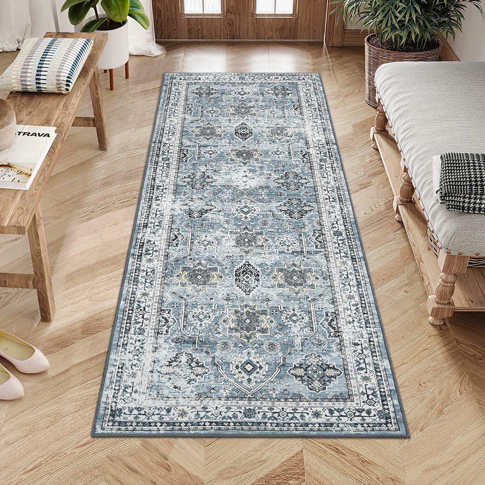 Garvee Boho Blue 2x6 Washable Rug, Oriental Vintage Non Slip Soft Faux Wool Stain Resistant Carpet for Living Room, Bedroom, Office