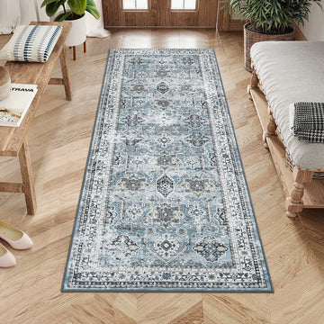 Garvee Boho Blue 2x6 Washable Rug, Oriental Vintage Non Slip Soft Faux Wool Stain Resistant Carpet for Living Room, Bedroom, Office