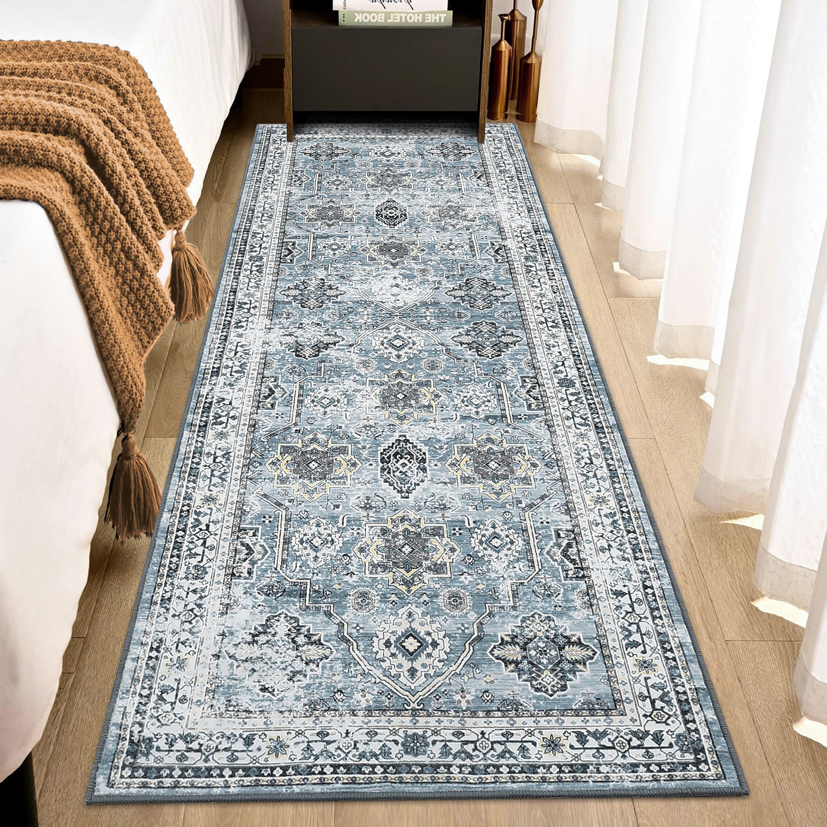 Garvee Boho Blue 2x6 Washable Rug, Oriental Vintage Non Slip Soft Faux Wool Stain Resistant Carpet for Living Room, Bedroom, Office