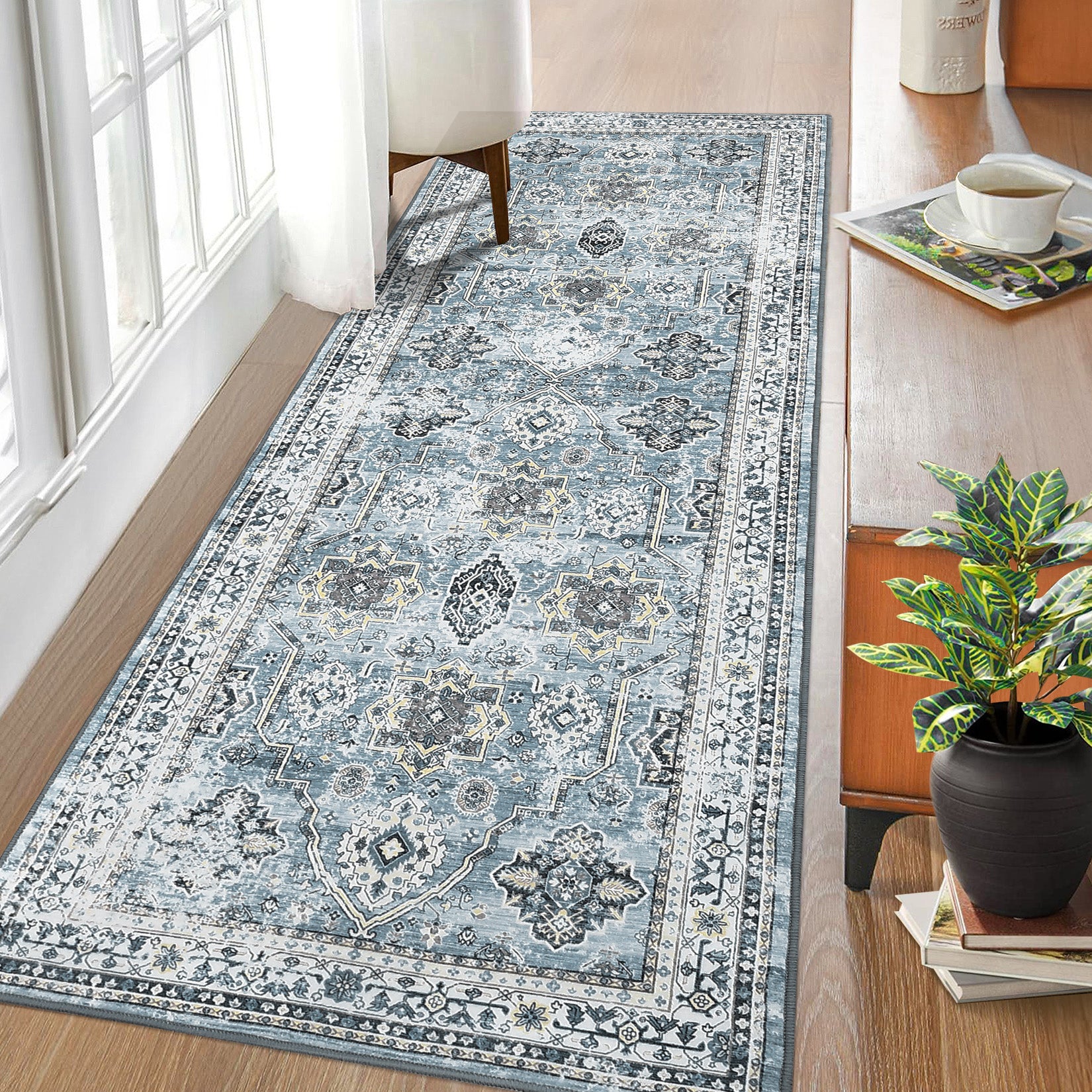 Garvee Boho Blue 2x6 Washable Rug, Oriental Vintage Non Slip Soft Faux Wool Stain Resistant Carpet for Living Room, Bedroom, Office