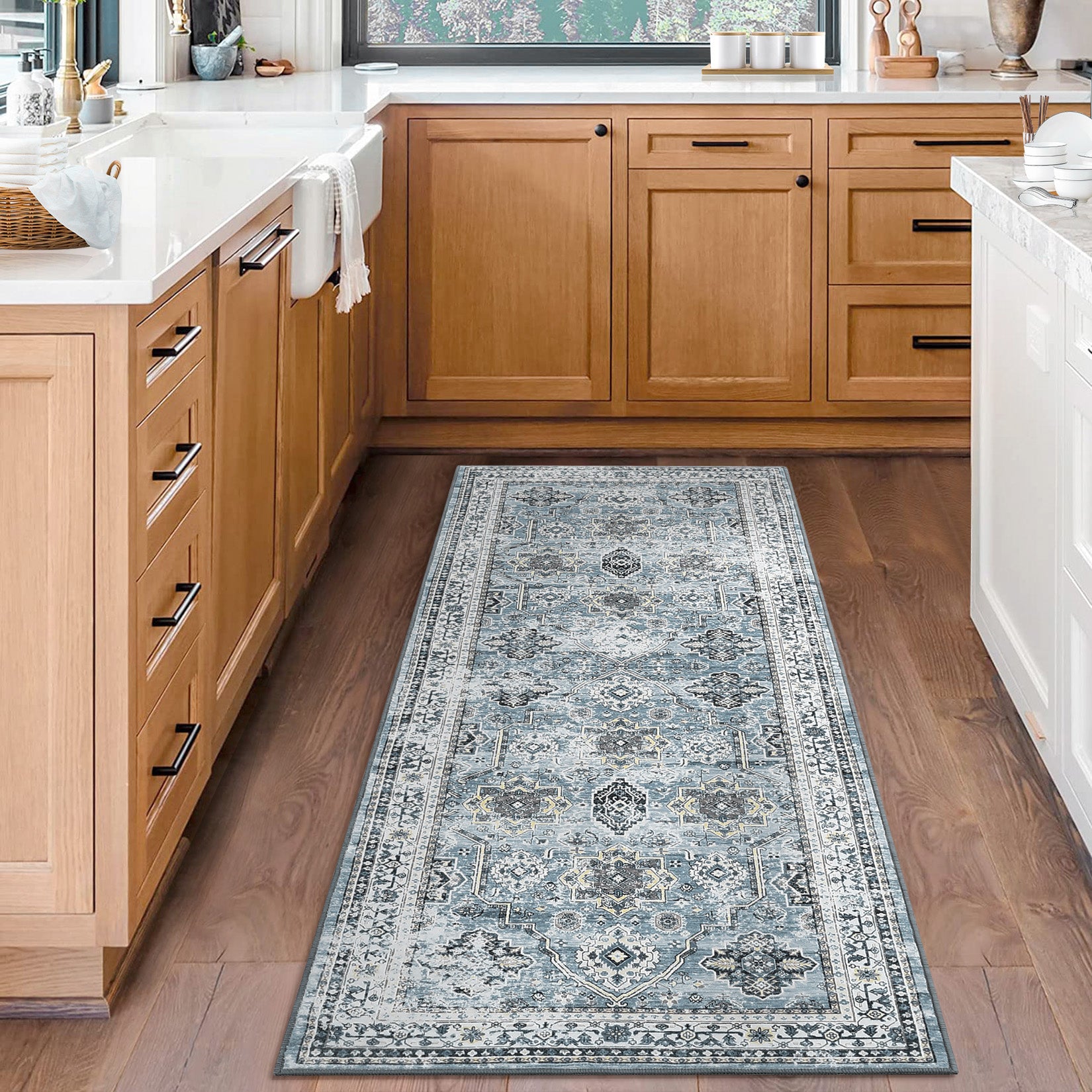 Garvee Boho Blue 2x6 Washable Rug, Oriental Vintage Non Slip Soft Faux Wool Stain Resistant Carpet for Living Room, Bedroom, Office