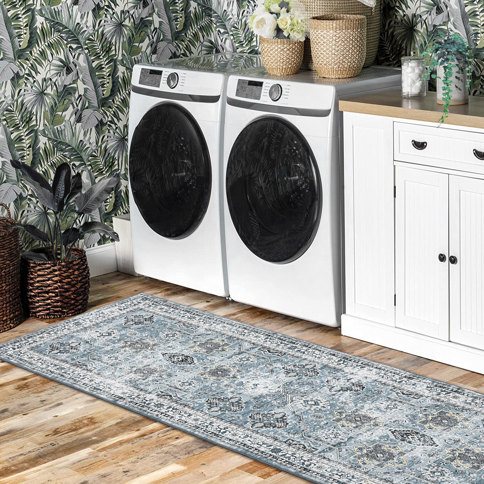 Garvee Boho Blue 2x6 Washable Rug, Oriental Vintage Non Slip Soft Faux Wool Stain Resistant Carpet for Living Room, Bedroom, Office