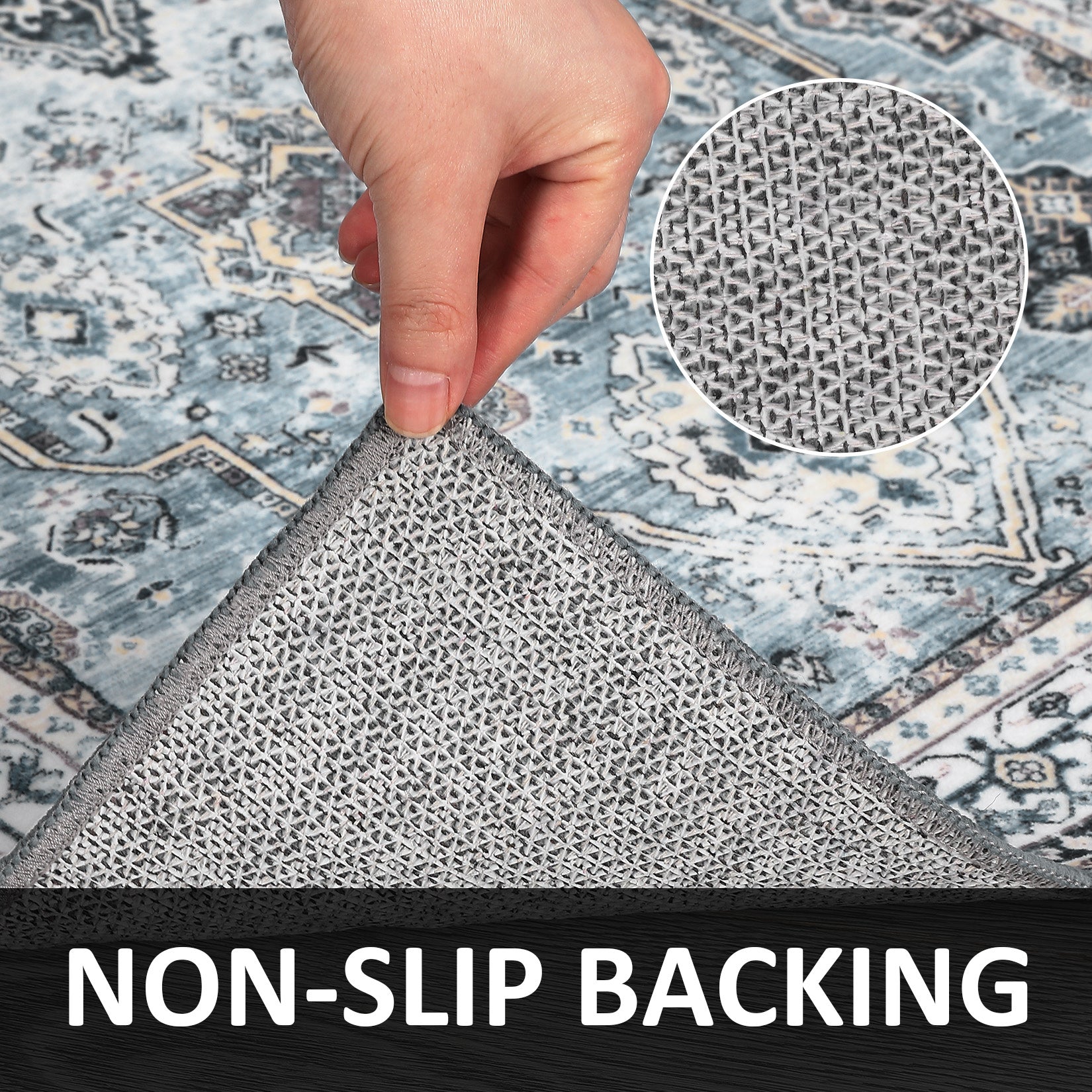 Garvee Boho Blue 2x6 Washable Rug, Oriental Vintage Non Slip Soft Faux Wool Stain Resistant Carpet for Living Room, Bedroom, Office