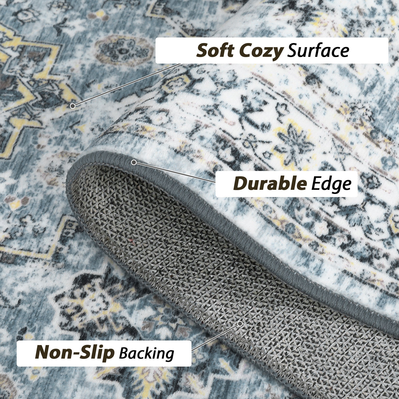 Garvee Boho Blue 2x6 Washable Rug, Oriental Vintage Non Slip Soft Faux Wool Stain Resistant Carpet for Living Room, Bedroom, Office