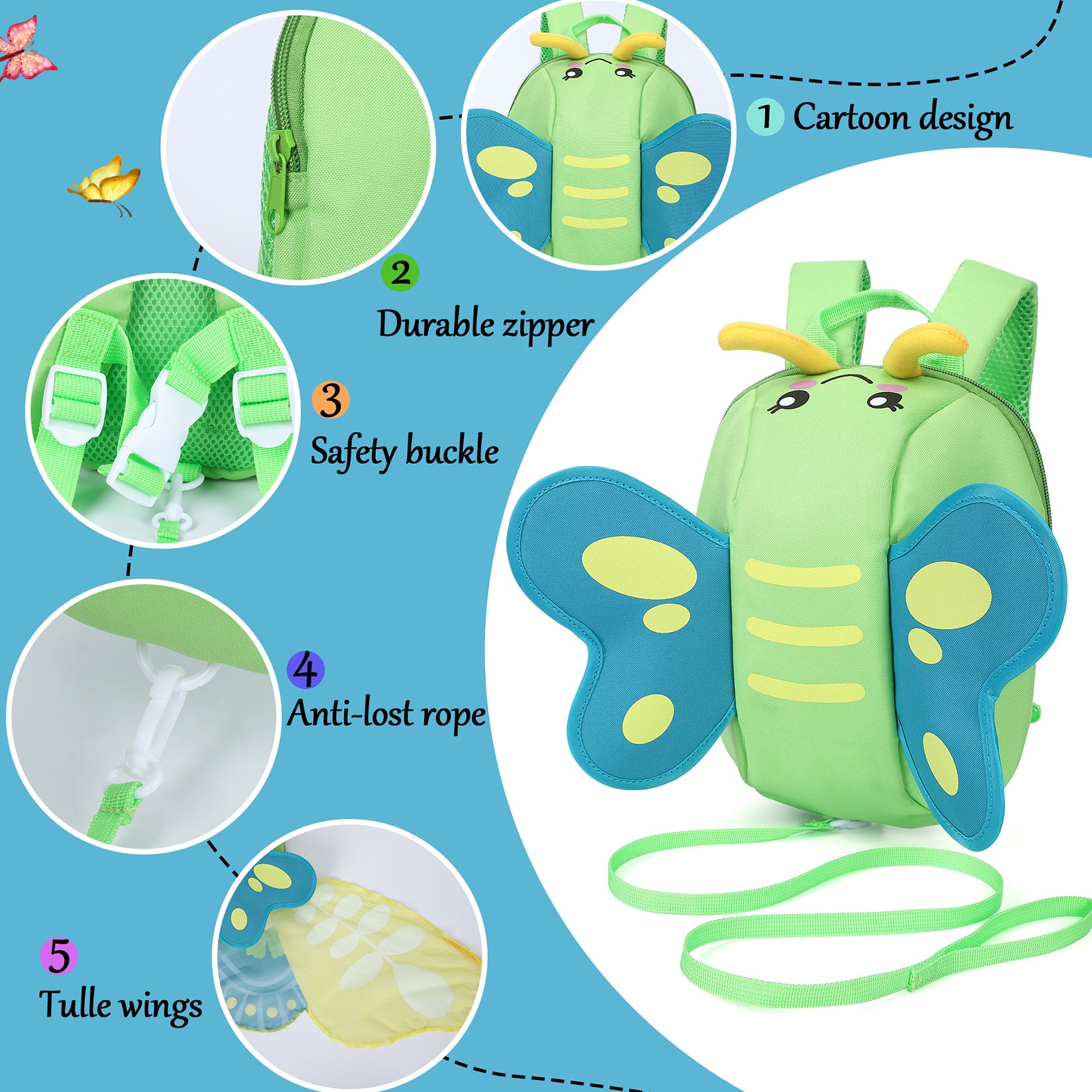 Garvee 300D 3D Butterfly Kids Backpack OneSize Green