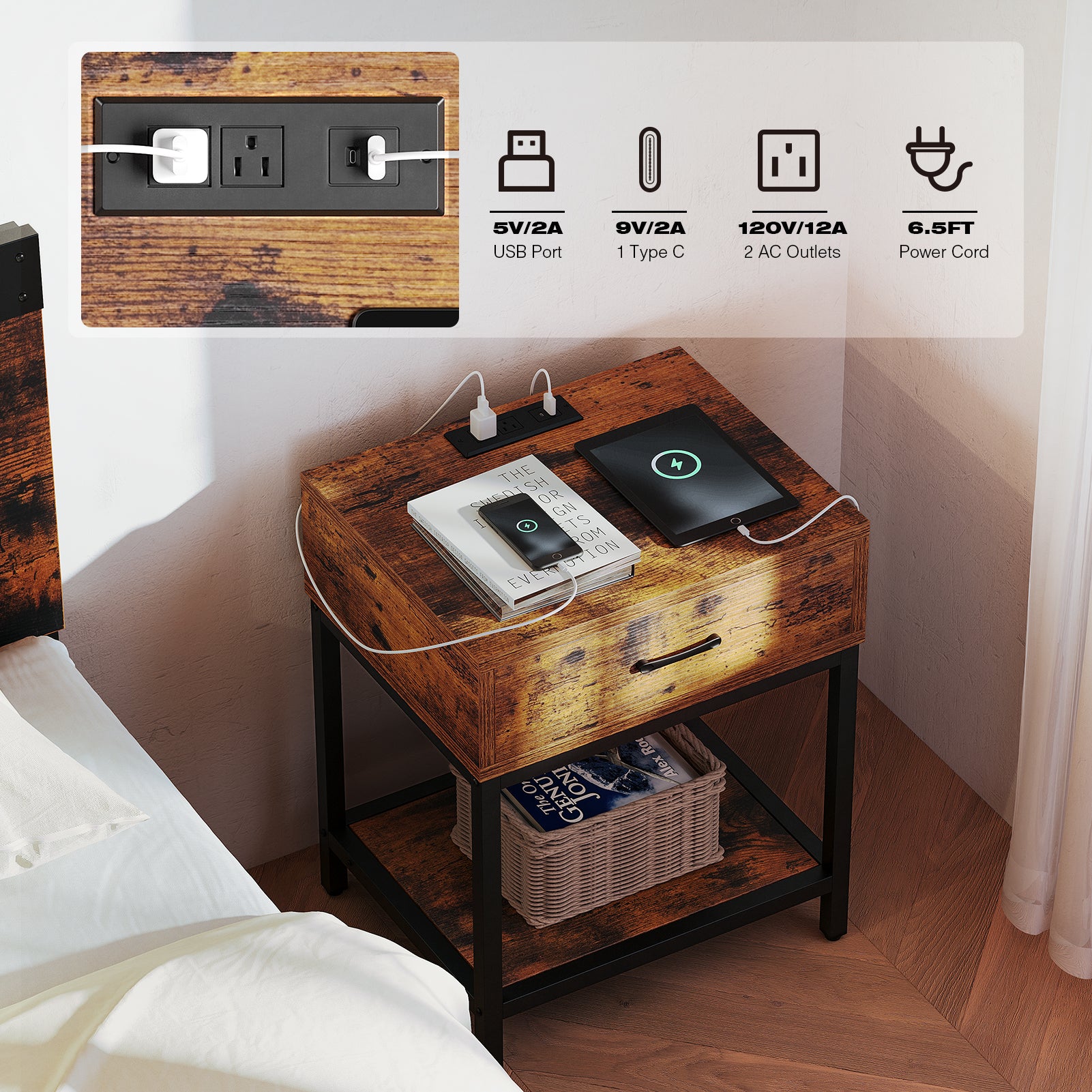Garvee Nightstand - Bedside Table with Type-C & USB Charging Station, Modern End Table with 1-Drawer Storage, Side Table for Bedroom & Living Room