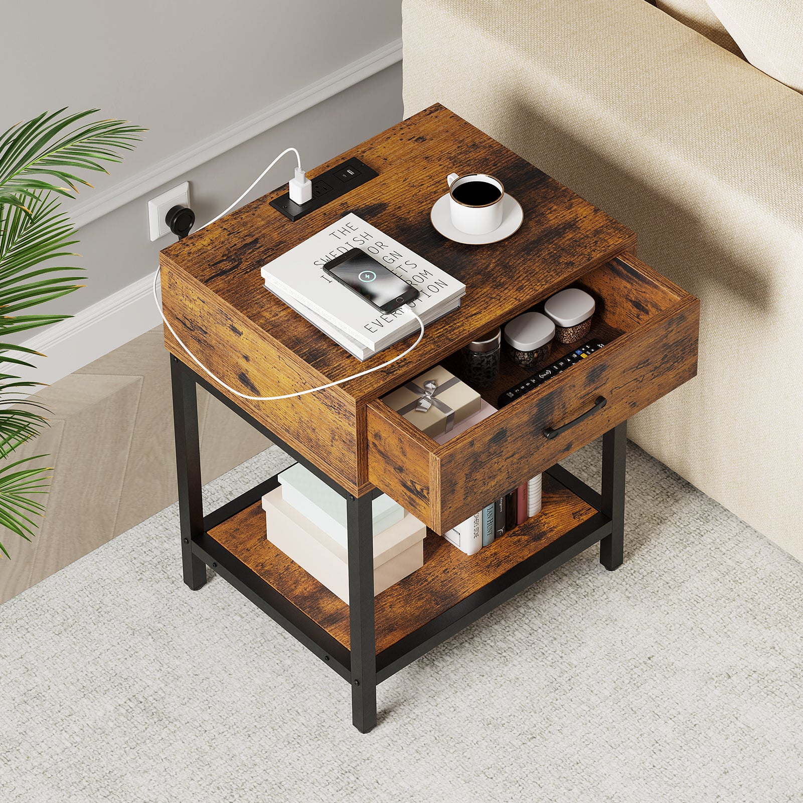 Garvee Nightstand - Bedside Table with Type-C & USB Charging Station, Modern End Table with 1-Drawer Storage, Side Table for Bedroom & Living Room