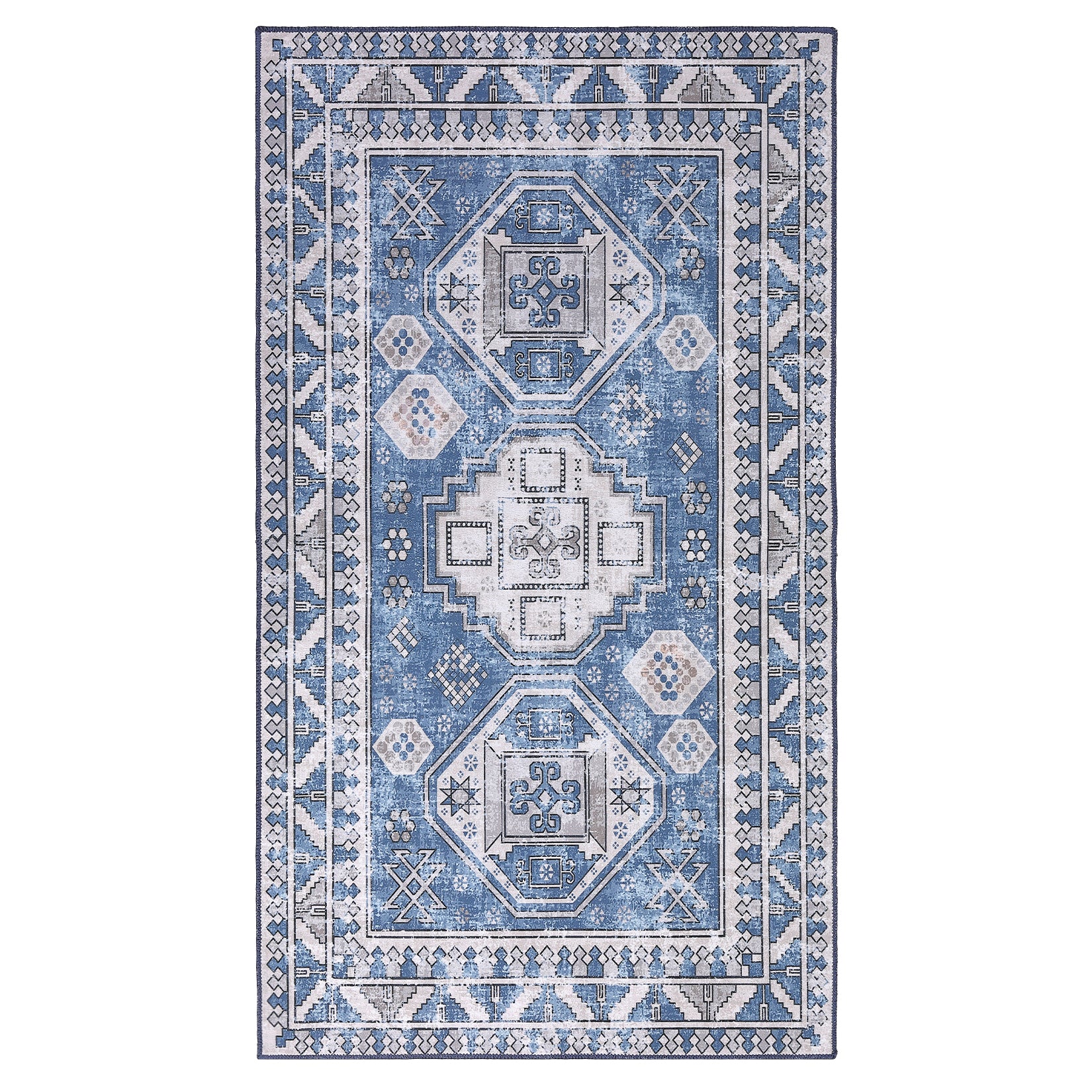 Garvee Runner Rug 2x8 Feet Washable Non-Slip Vintage Medallion Hallway Runner, Stain Resistant Traditional Distressed Kitchen Mat Laundry Entryway Carpet Runner for Doorway Bedside, Blue