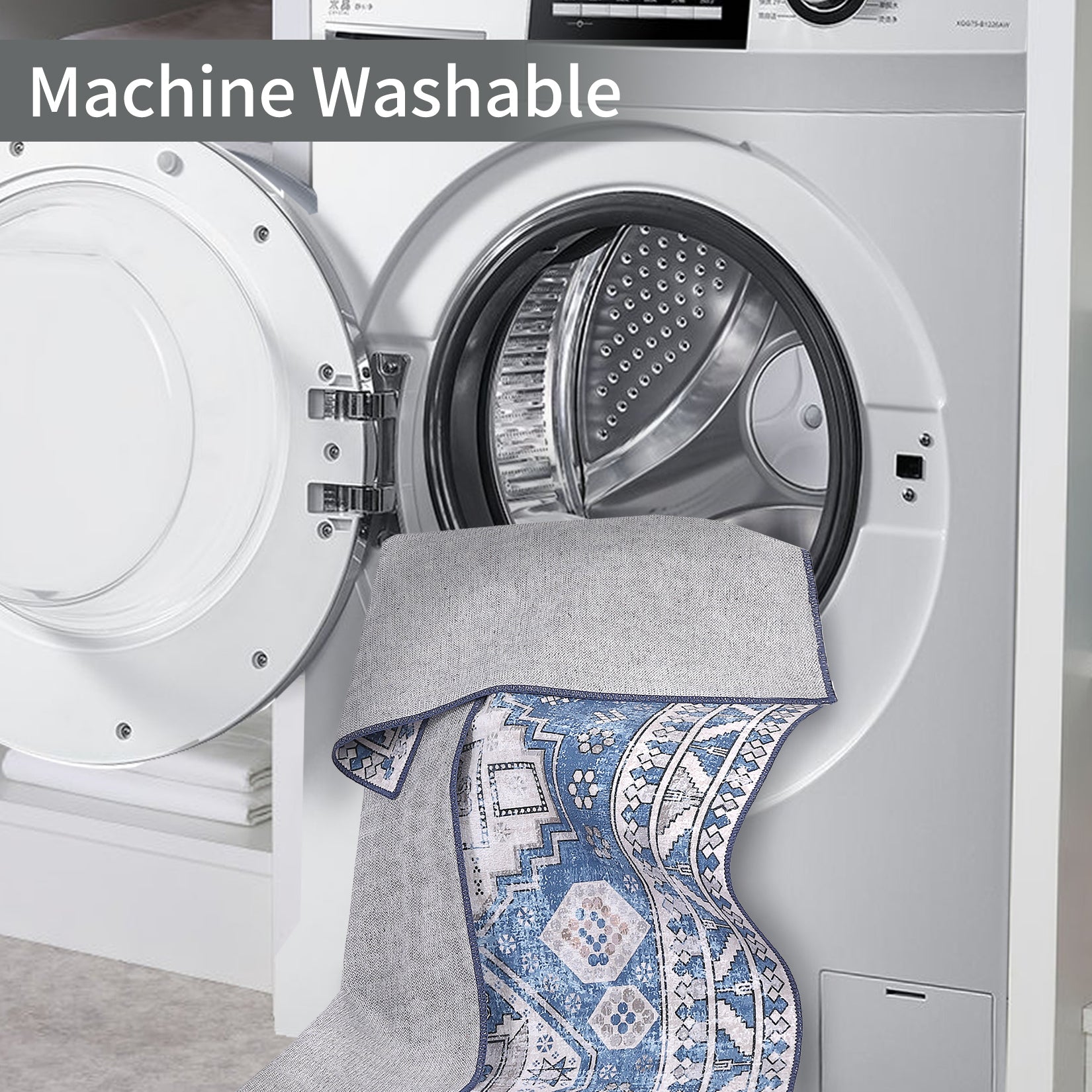 Garvee Runner Rug 2x8 Feet Washable Non-Slip Vintage Medallion Hallway Runner, Stain Resistant Traditional Distressed Kitchen Mat Laundry Entryway Carpet Runner for Doorway Bedside, Blue