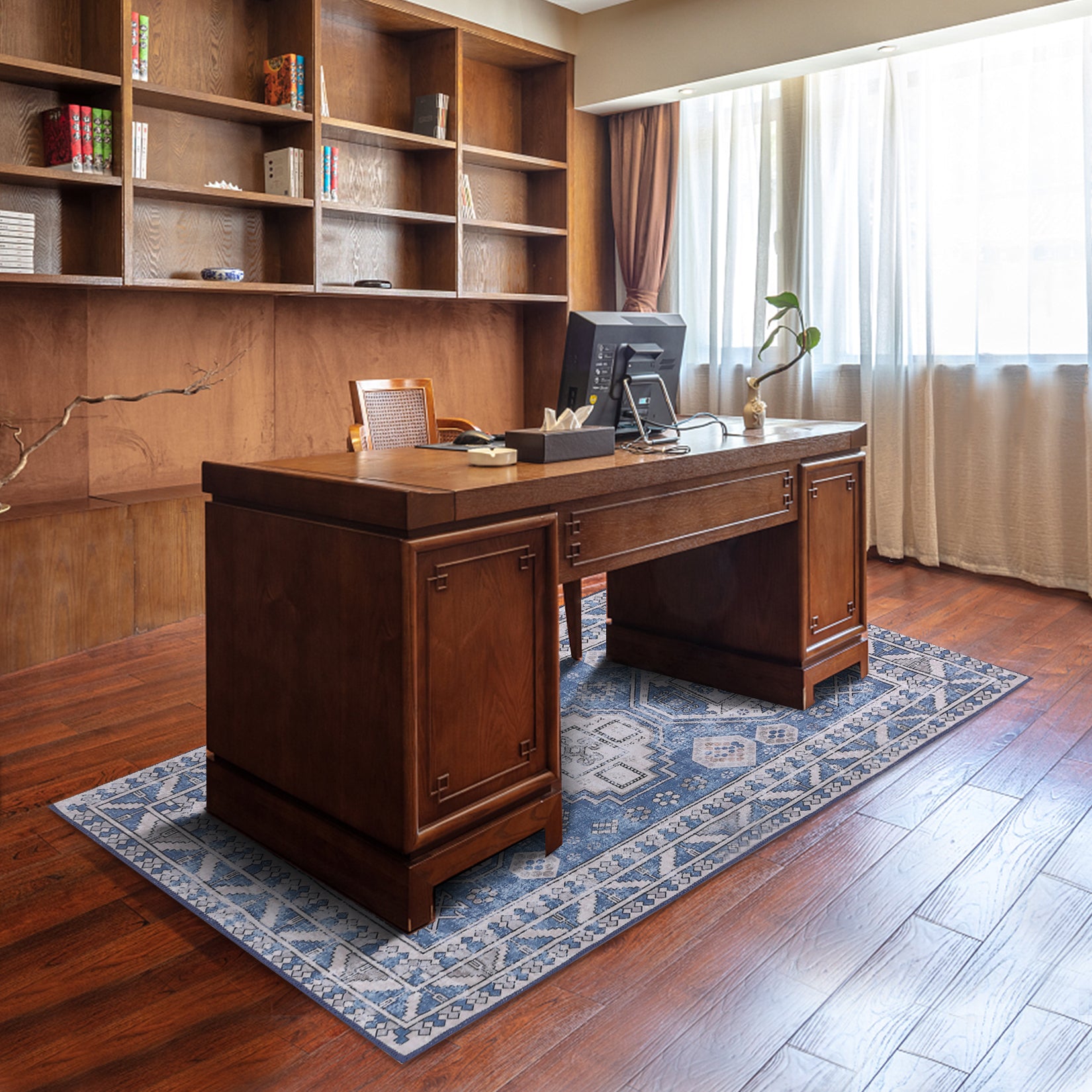 Garvee Runner Rug 2x8 Feet Washable Non-Slip Vintage Medallion Hallway Runner, Stain Resistant Traditional Distressed Kitchen Mat Laundry Entryway Carpet Runner for Doorway Bedside, Blue