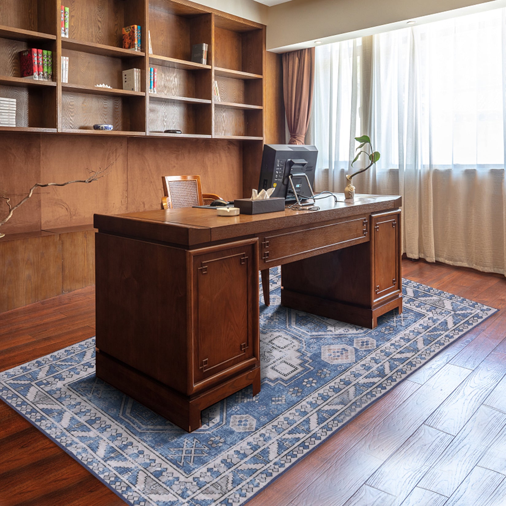 Garvee Runner Rug 2x8 Feet Washable Non-Slip Vintage Medallion Hallway Runner, Stain Resistant Traditional Distressed Kitchen Mat Laundry Entryway Carpet Runner for Doorway Bedside, Blue