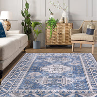 Garvee Runner Rug 2x8 Feet Washable Non-Slip Vintage Medallion Hallway Runner, Stain Resistant Traditional Distressed Kitchen Mat Laundry Entryway Carpet Runner for Doorway Bedside, Blue