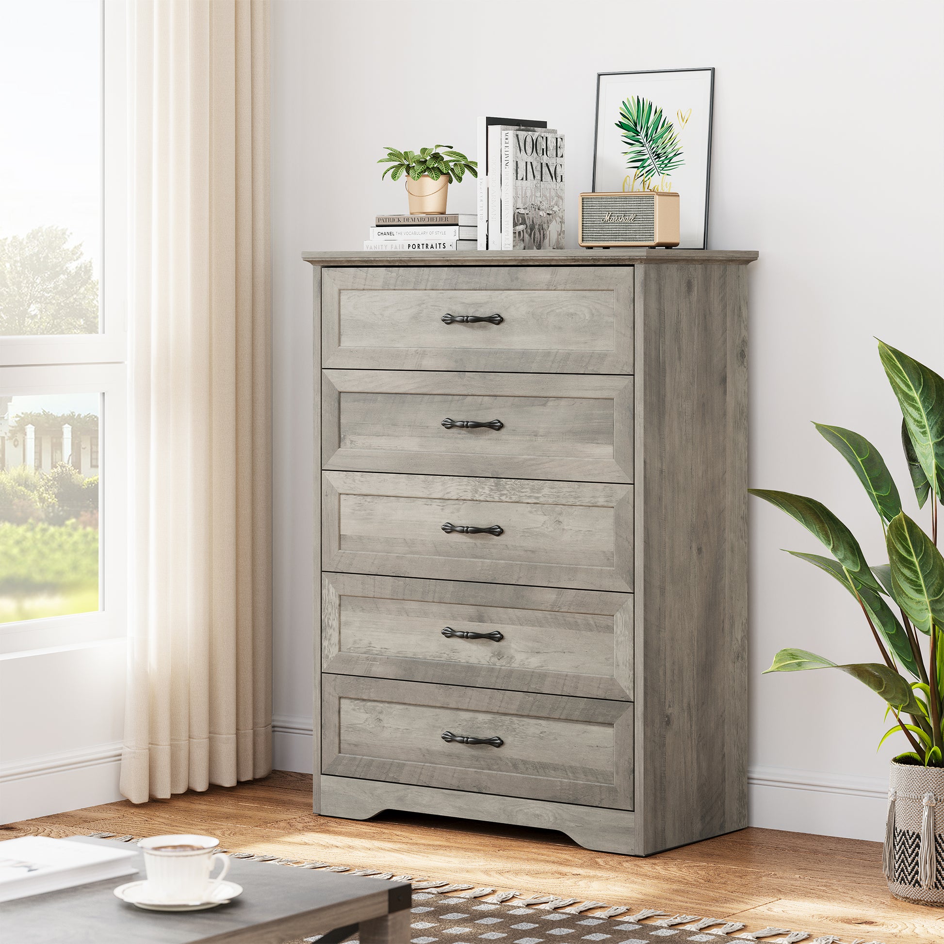 Garvee 5 Drawers Dresser for Bedroom, Chest of Drawers with Wide Metal Handle, Farmhouse Modern Wooden Dresser Storage Organizer for Bedroom, Living Room, Kids Room(Grey)