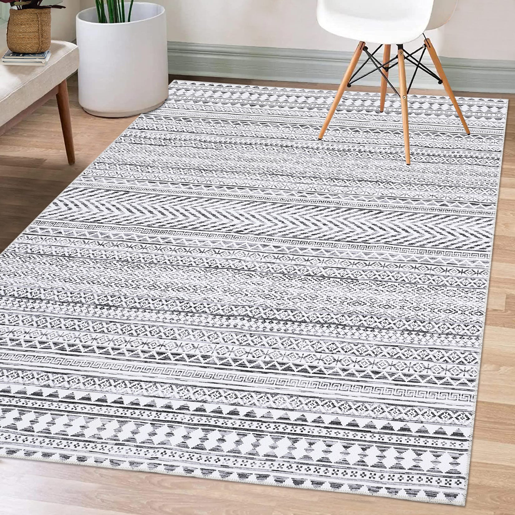 Garvee Boho Rug Grey Area Rug 6x9 Washable Rug for Living Room Rug Soft Low Pile Rug Geometric Throw Rug for Dining Room Bedroom Children's Play Room Aesthetic Rug Gray/White