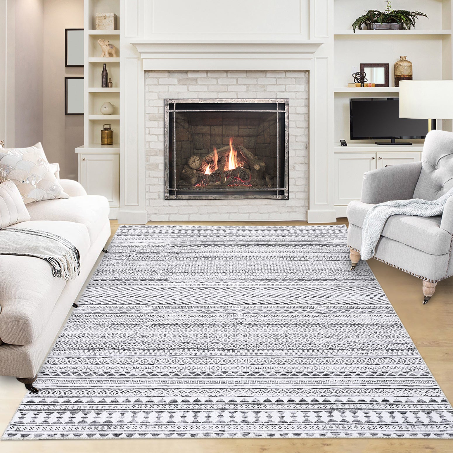 Garvee Boho Rug Grey Area Rug 6x9 Washable Rug for Living Room Rug Soft Low Pile Rug Geometric Throw Rug for Dining Room Bedroom Children's Play Room Aesthetic Rug Gray/White