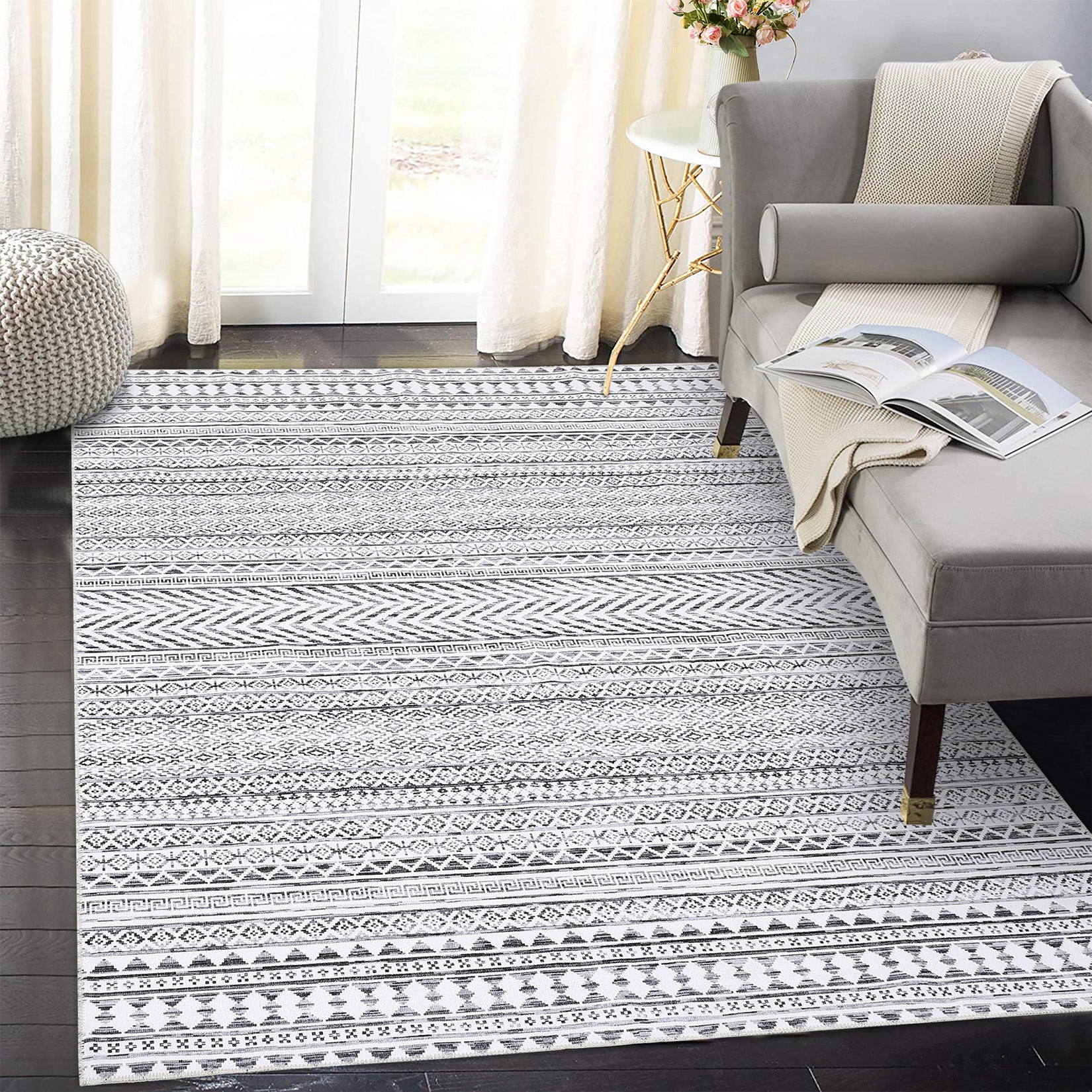 Garvee Boho Rug Grey Area Rug 6x9 Washable Rug for Living Room Rug Soft Low Pile Rug Geometric Throw Rug for Dining Room Bedroom Children's Play Room Aesthetic Rug Gray/White