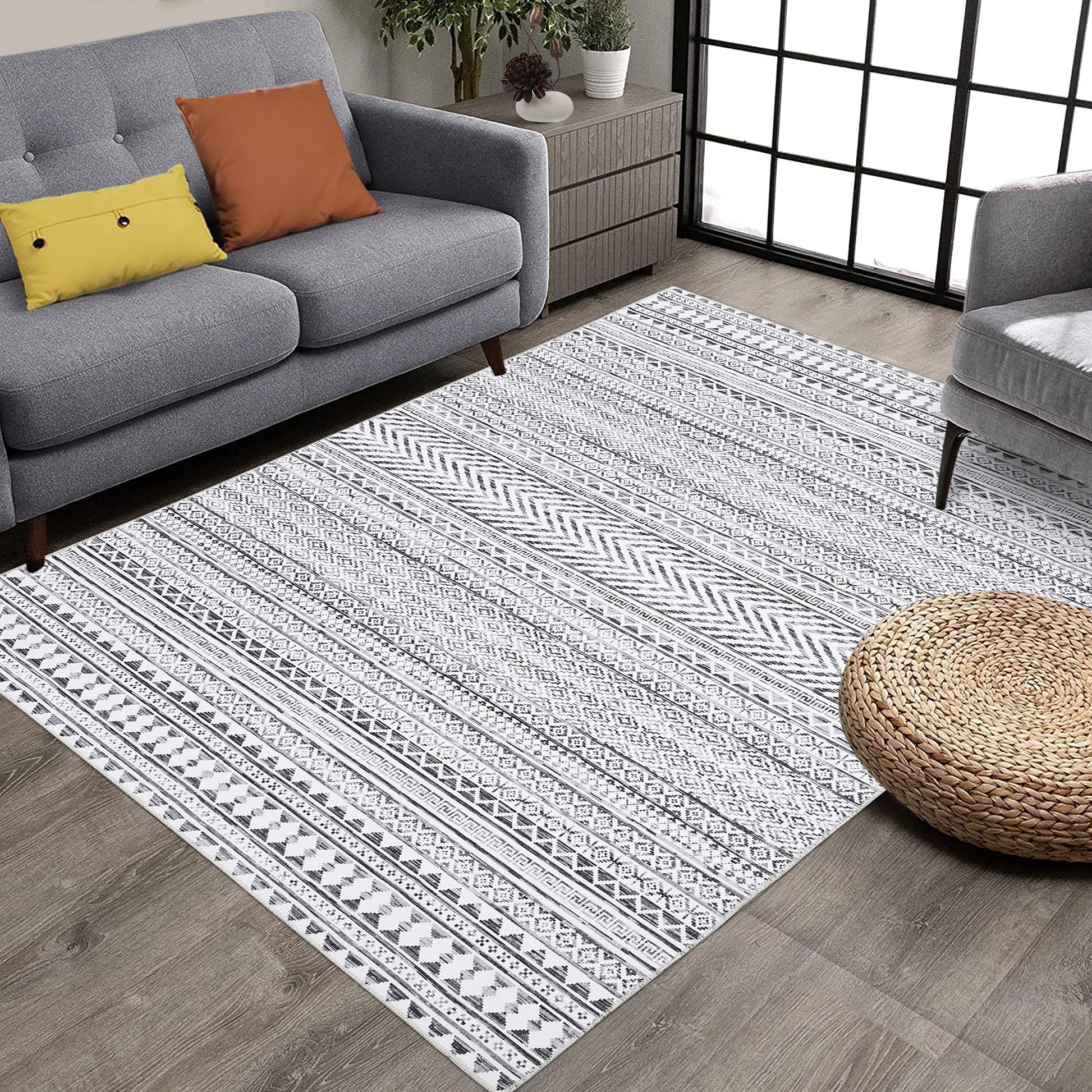 Garvee Boho Rug Grey Area Rug 6x9 Washable Rug for Living Room Rug Soft Low Pile Rug Geometric Throw Rug for Dining Room Bedroom Children's Play Room Aesthetic Rug Gray/White