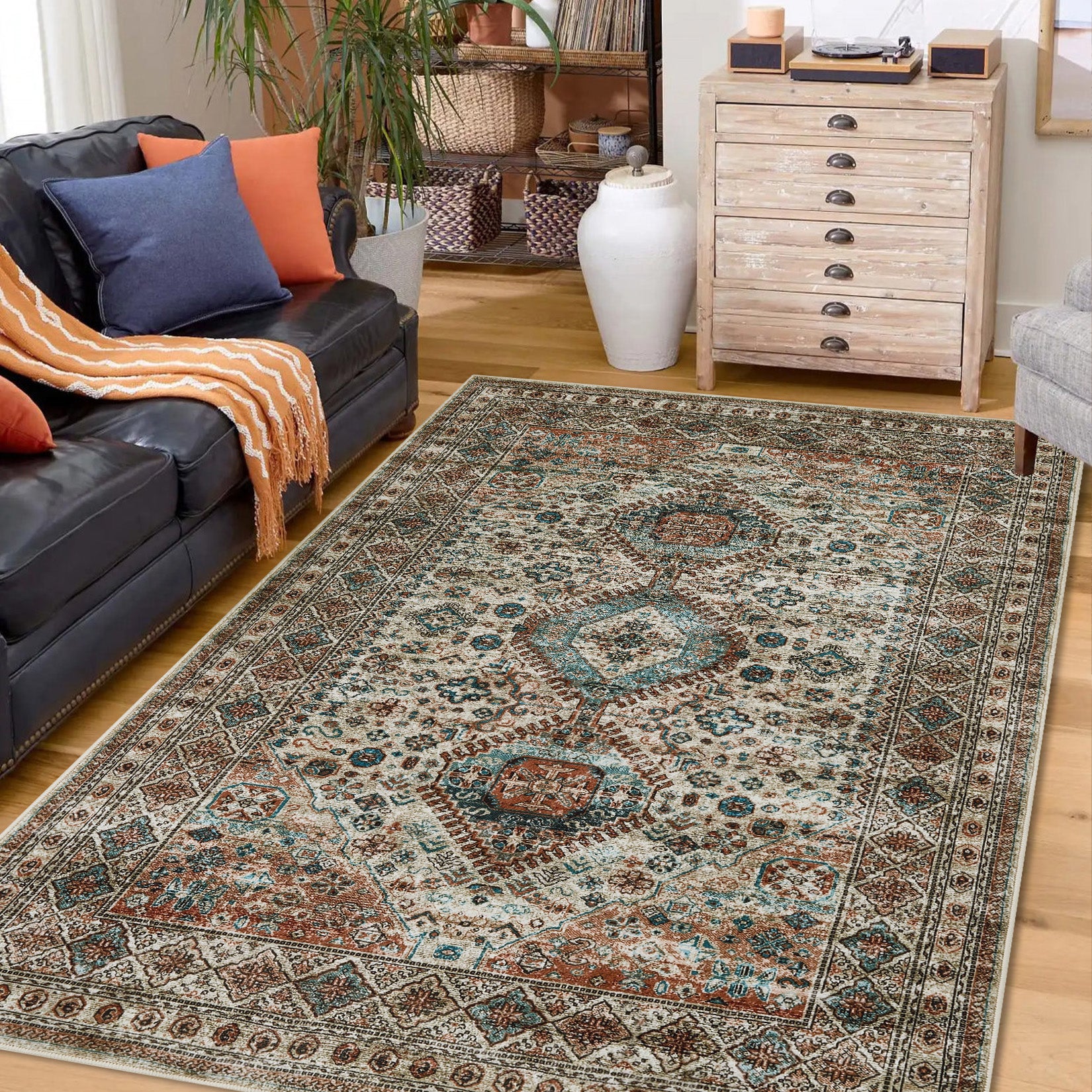 Garvee Washable Rug 5x7 Antique Large Brown Distressed Indoor Floor Cover Non-Slip Low Pile Lightweight Carpet for Living Room Bedroom Dining Room