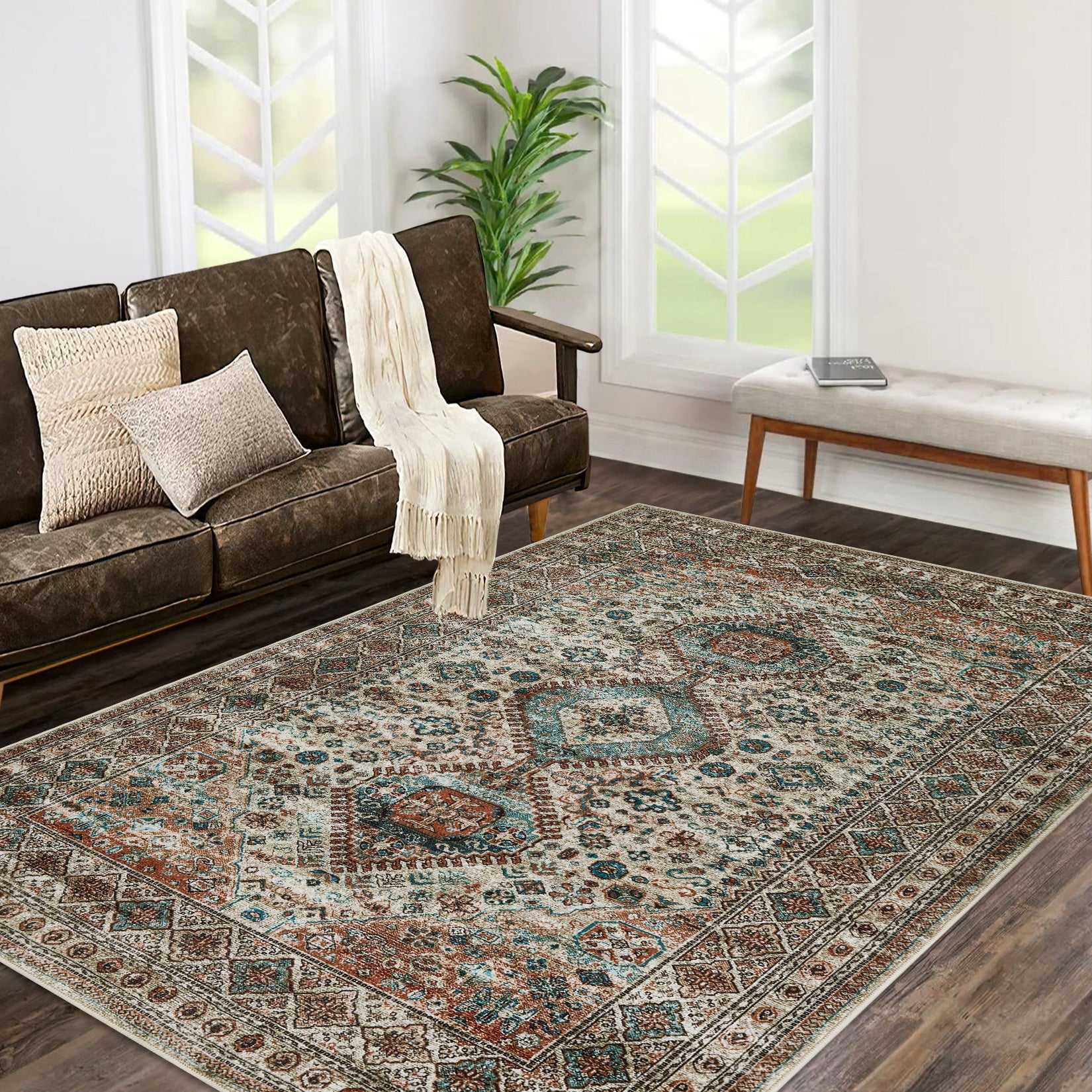 Garvee Washable Rug 5x7 Antique Large Brown Distressed Indoor Floor Cover Non-Slip Low Pile Lightweight Carpet for Living Room Bedroom Dining Room