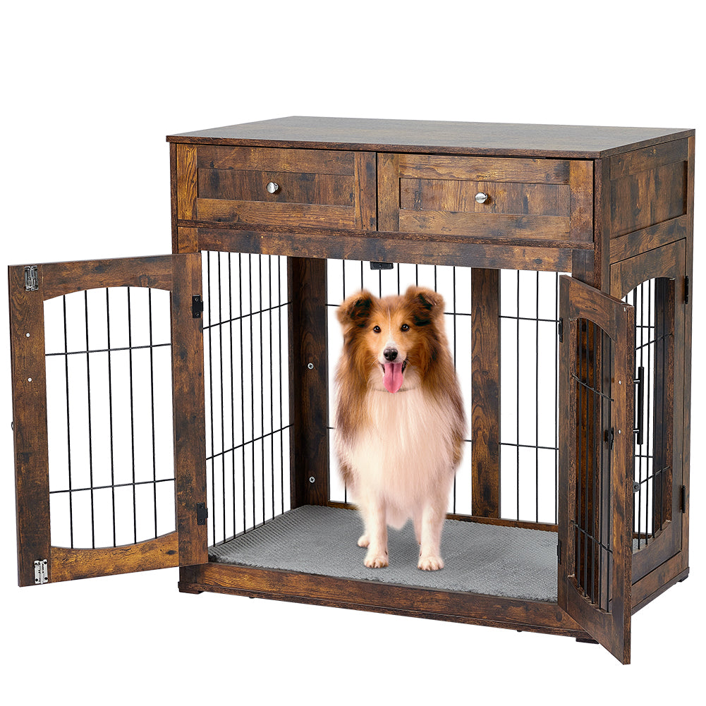 Garvee Dog Crate Furniture with Cushion, Wooden Dog Crate Table with 2 Drawers, Indoor 3-Doors Dog Kennel Furniture, Dog Cage Side End Table, Brown 39.4" L