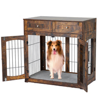 Garvee Dog Crate Furniture with Cushion, Wooden Dog Crate Table with 2 Drawers, Indoor 3-Doors Dog Kennel Furniture, Dog Cage Side End Table, Brown 39.4" L