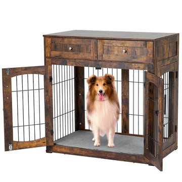 Garvee Dog Crate Furniture with Cushion, Wooden Dog Crate Table with 2 Drawers, Indoor 3-Doors Dog Kennel Furniture, Dog Cage Side End Table, Brown 39.4" L