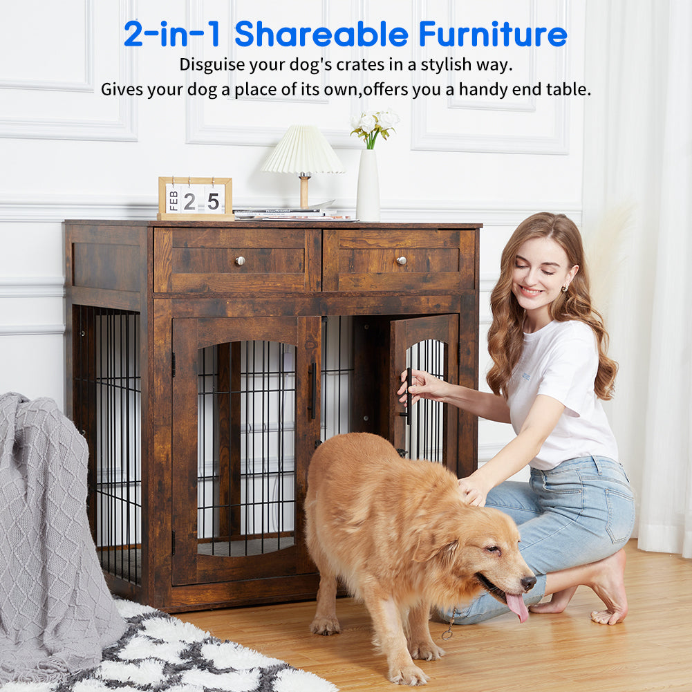 Garvee Dog Crate Furniture with Cushion, Wooden Dog Crate Table with 2 Drawers, Indoor 3-Doors Dog Kennel Furniture, Dog Cage Side End Table, Brown 39.4" L