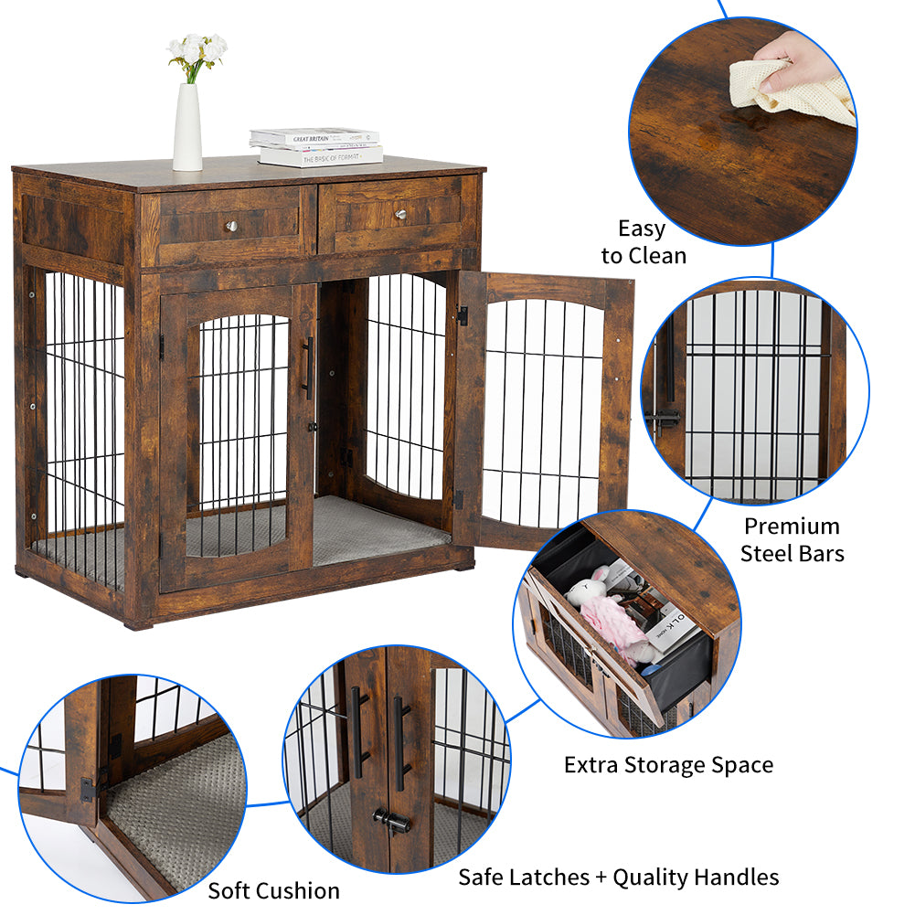 Garvee Dog Crate Furniture with Cushion, Wooden Dog Crate Table with 2 Drawers, Indoor 3-Doors Dog Kennel Furniture, Dog Cage Side End Table, Brown 39.4" L