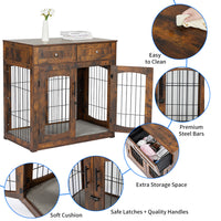 Garvee Dog Crate Furniture with Cushion, Wooden Dog Crate Table with 2 Drawers, Indoor 3-Doors Dog Kennel Furniture, Dog Cage Side End Table, Brown 39.4" L